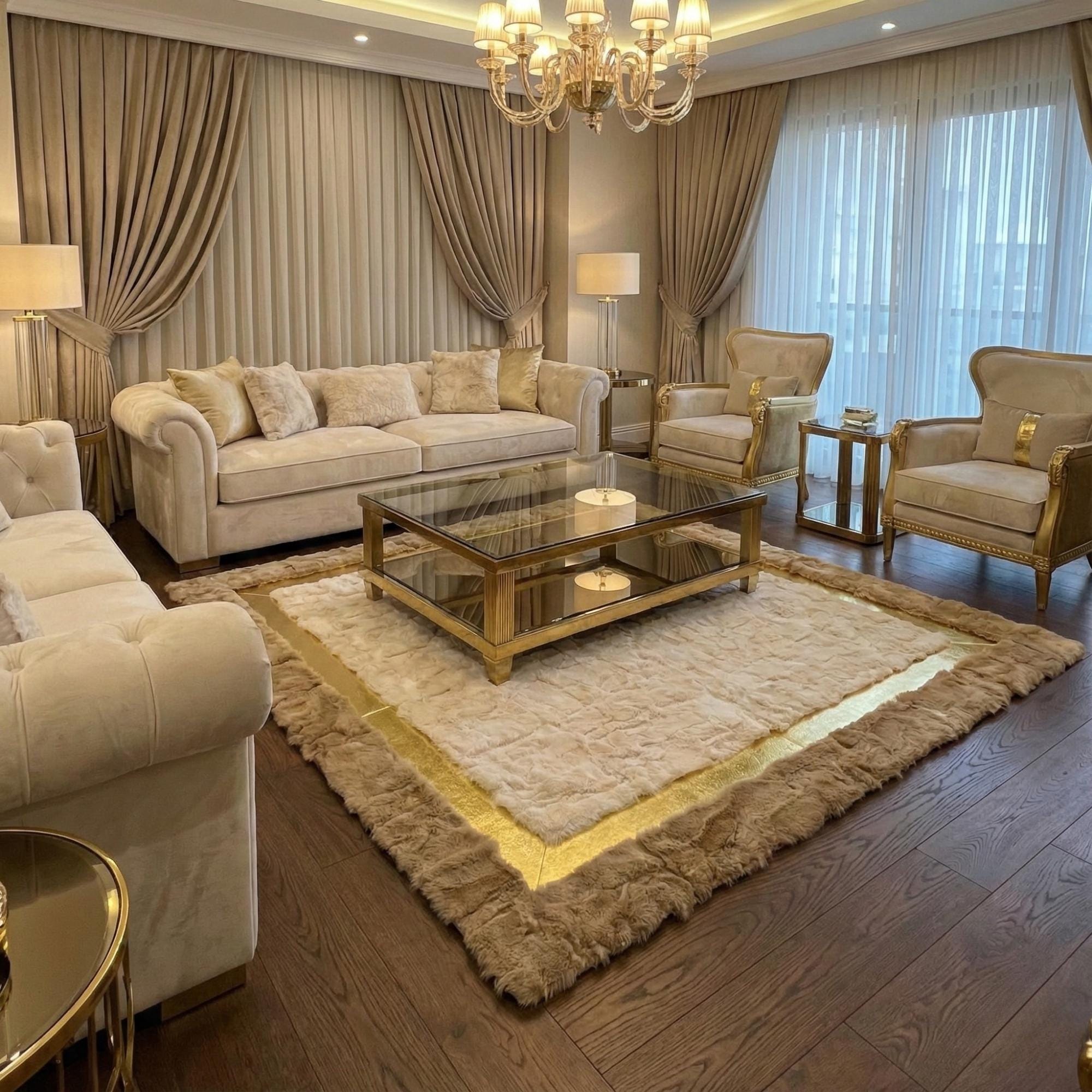White and Brown Rex Rabbit Fur Rug, Gold Border Area Rug, Beige Plush Carpet,