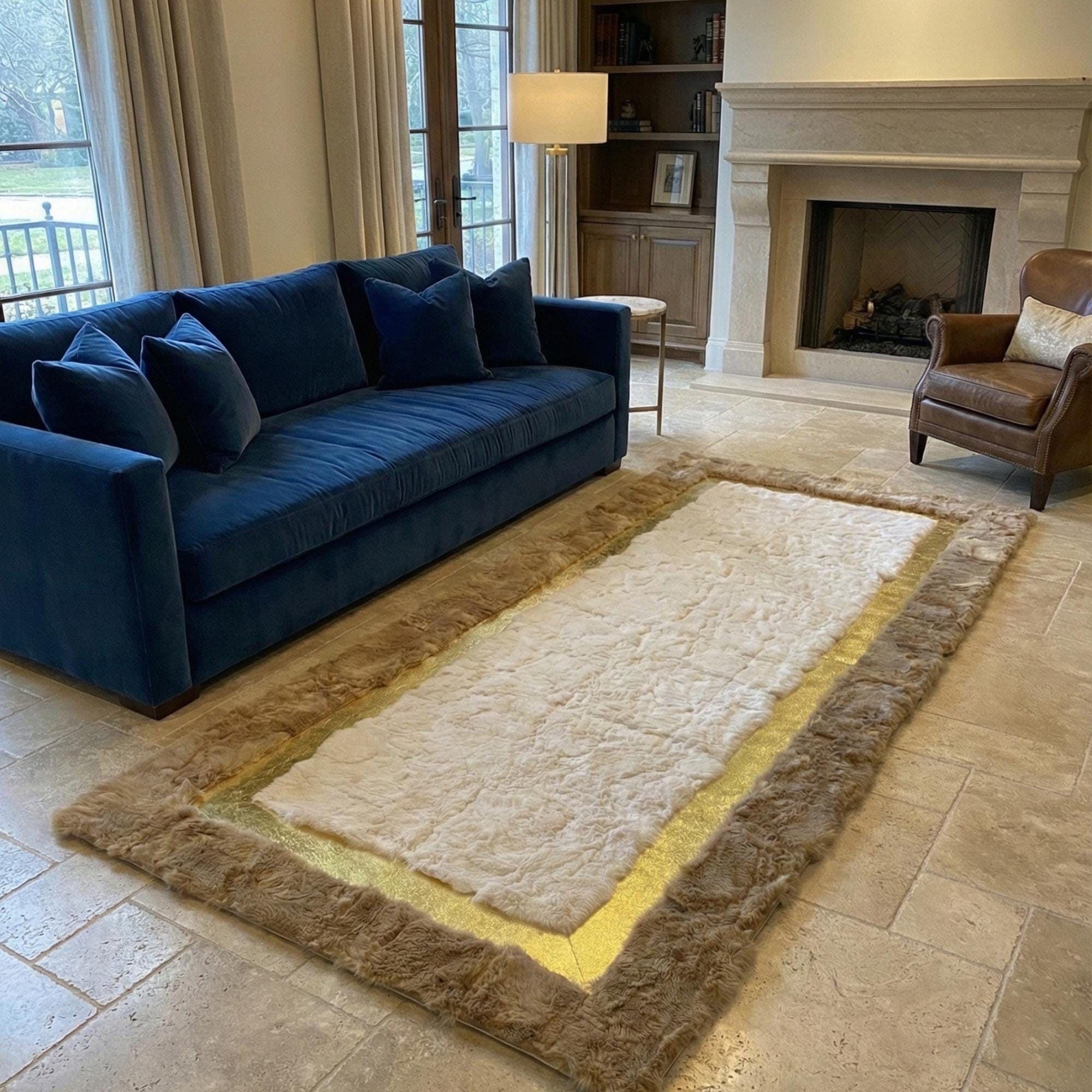 White and Brown Rex Rabbit Fur Rug, Gold Border Area Rug, Beige Plush Carpet,