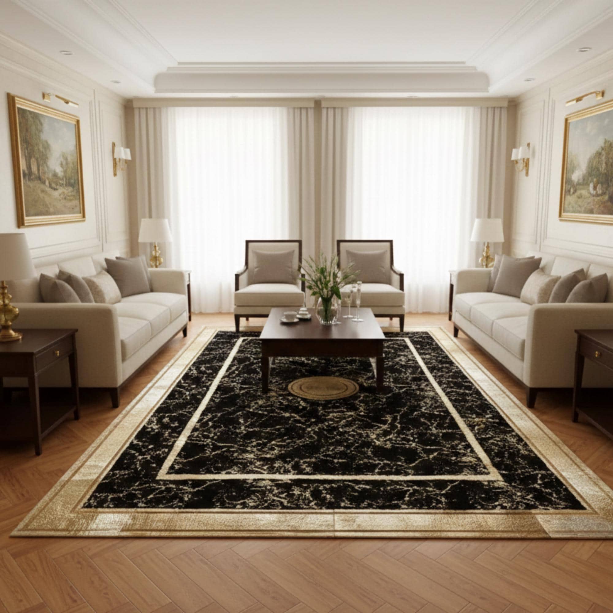 Black and Gold Rug, Luxury Area Rug, Plush Soft Carpet, Marble Pattern Mat,