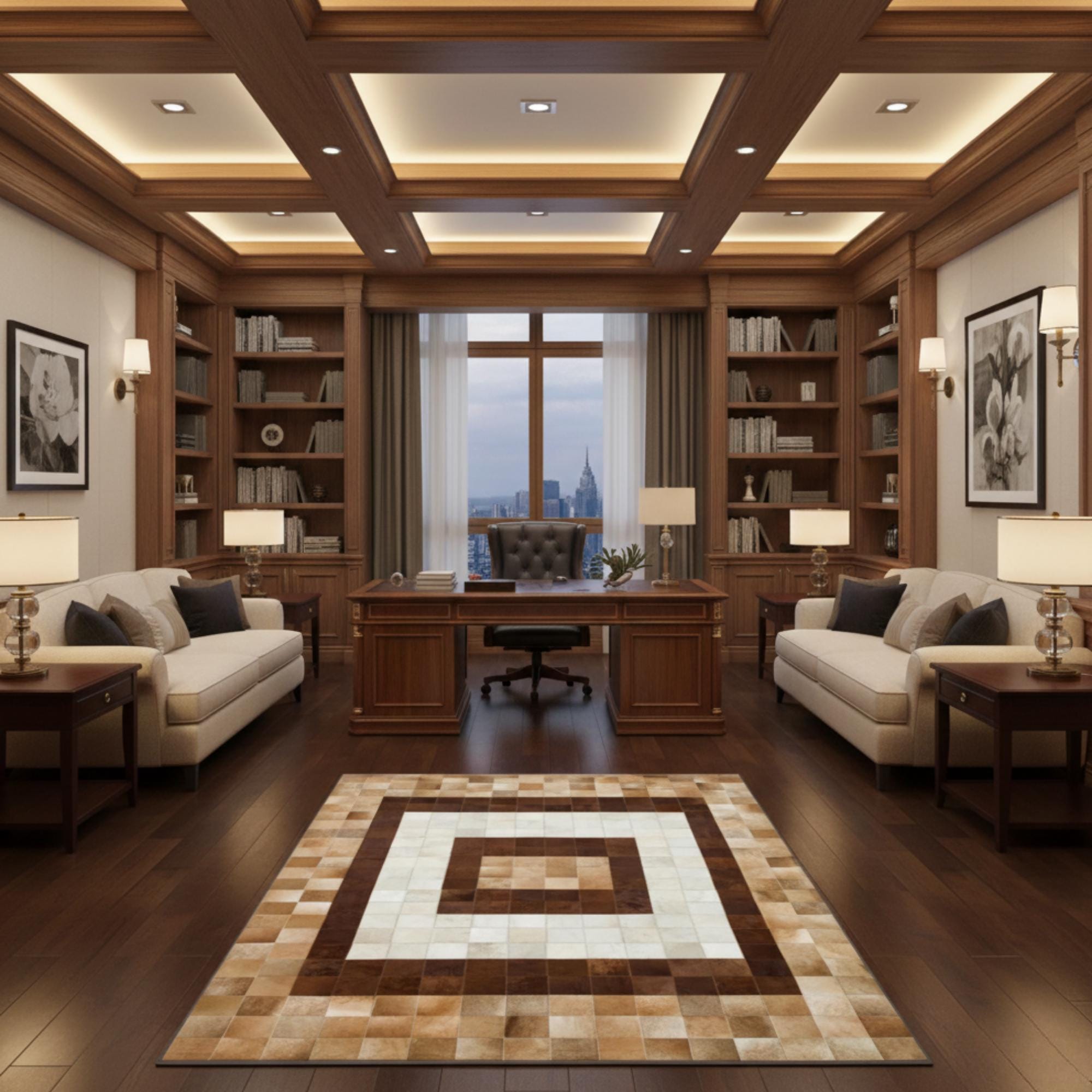 Soft Brown Cowhide Area Rug, Brown Patchwork Leather Carpet,