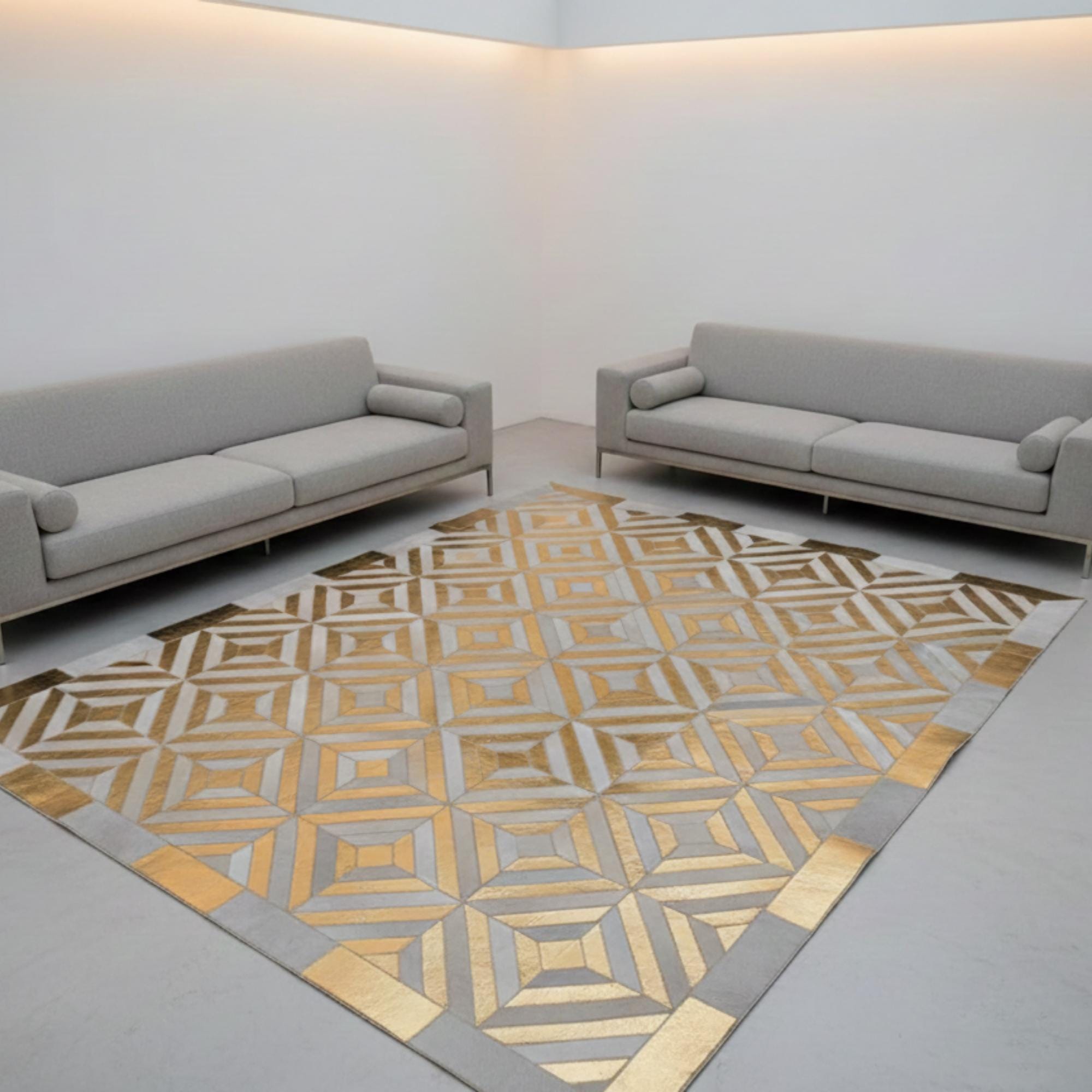 Gold and White Cowhide Area Rug, Gold Detailed Leather Carpet, Luxury Patchwork Mat