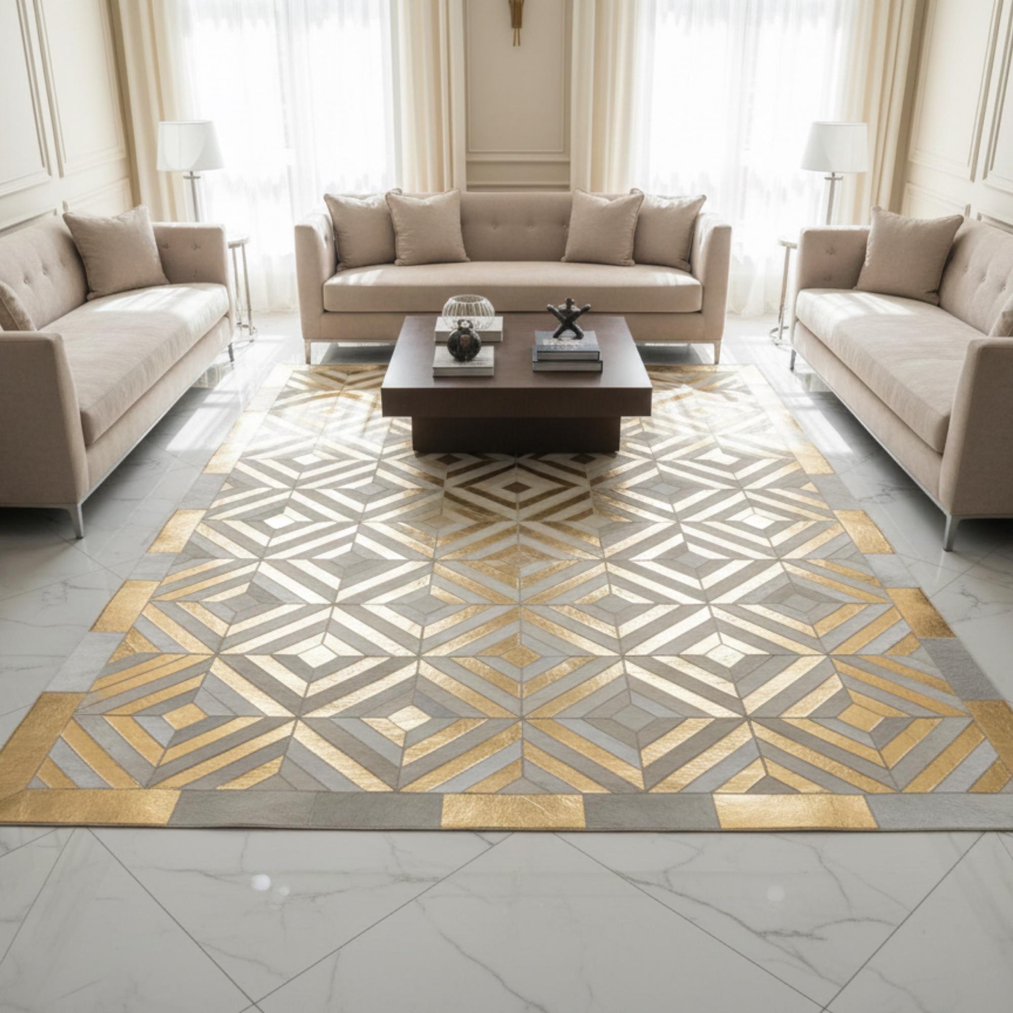 Gold and White Cowhide Area Rug, Gold Detailed Leather Carpet, Luxury Patchwork Mat