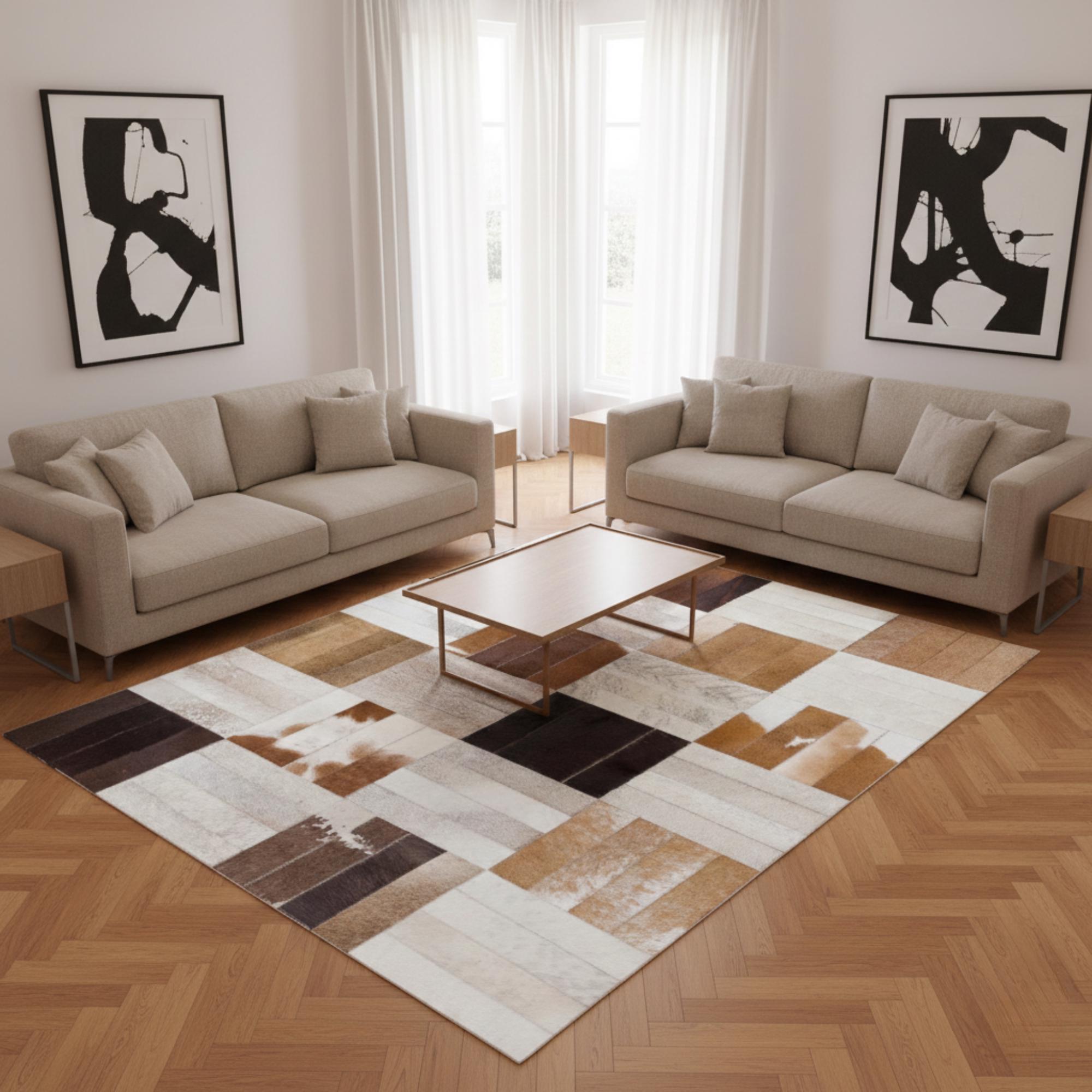 Cowhide Area Rug, Patchwork Leather Carpet, Modern Rustic Brown and Cream Mat