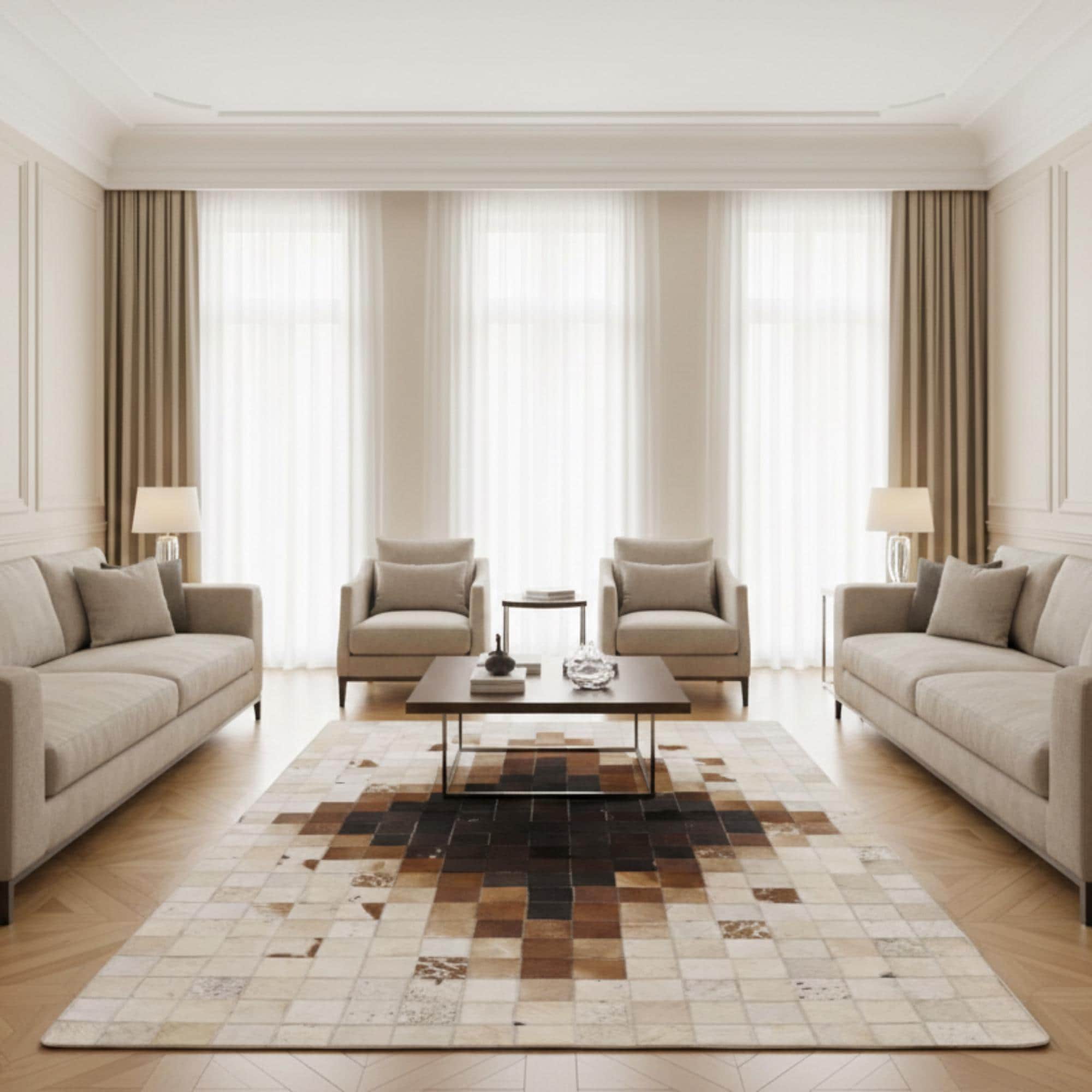 Cowhide Rug, Gradient Area Rug, Brown and Beige Patchwork Carpet