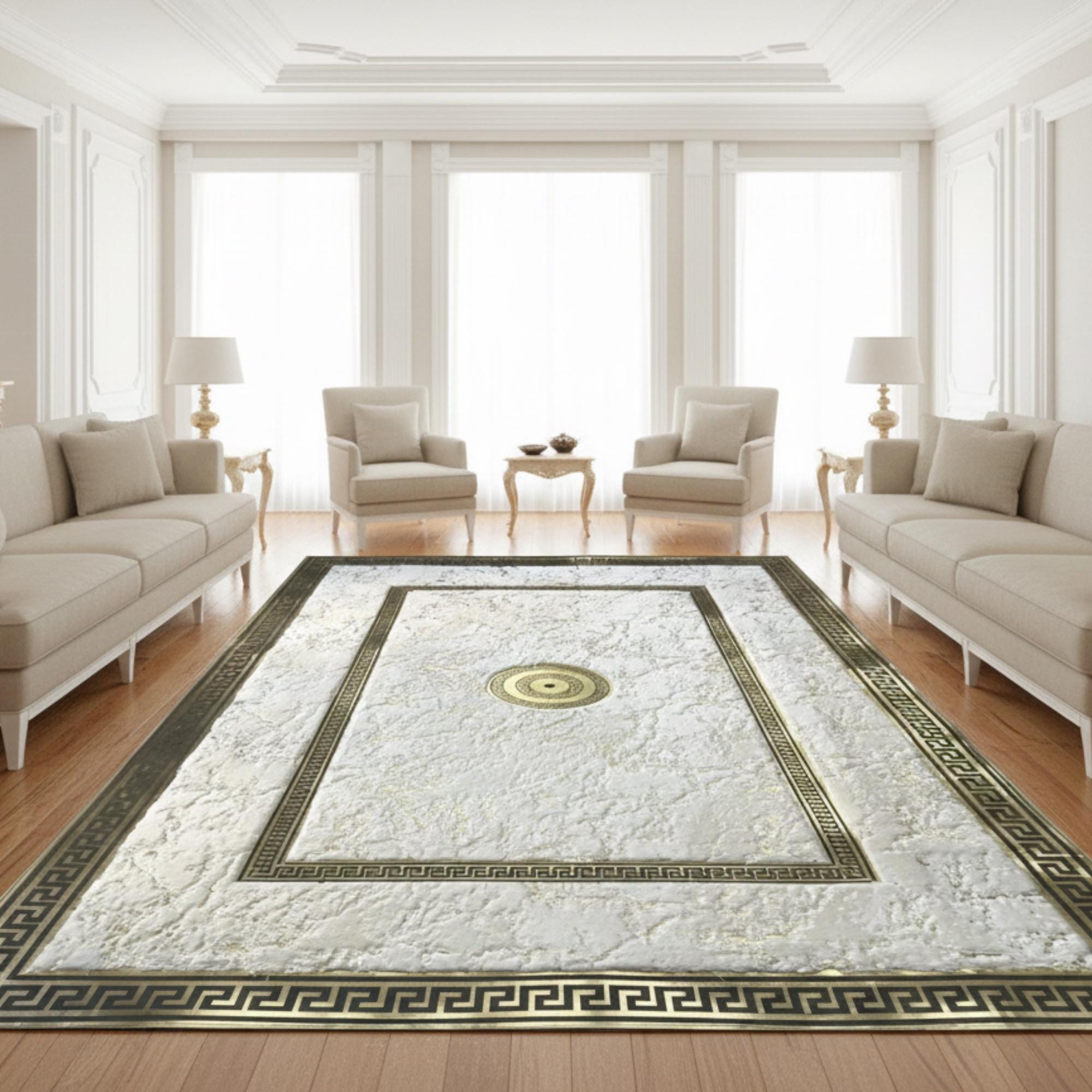 White Plush Rug, Gold Border Area Rug, Luxury Fur Carpet,