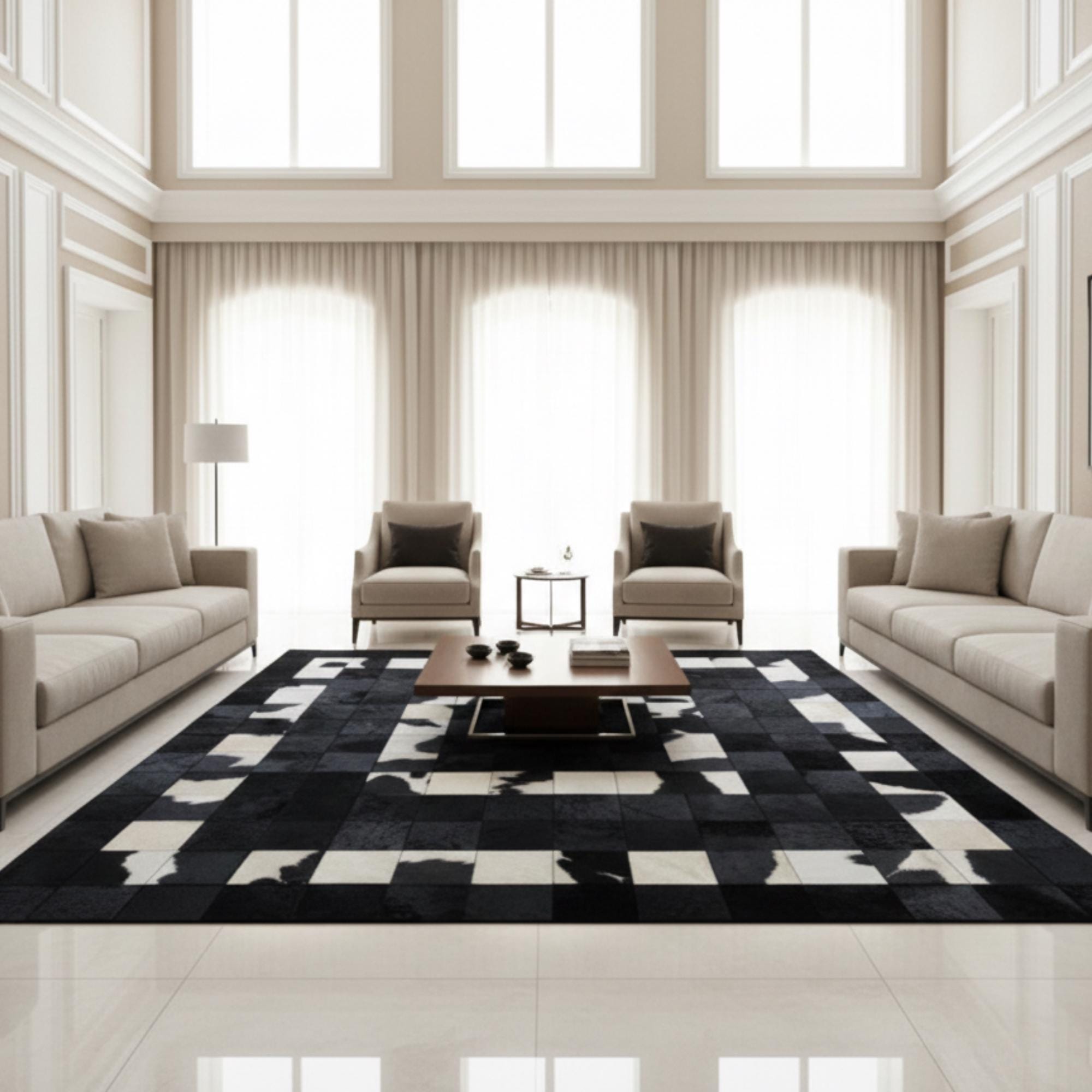 Cowhide Area Rug, Diamond Patchwork Carpet, Black Brown Cream Mat,
