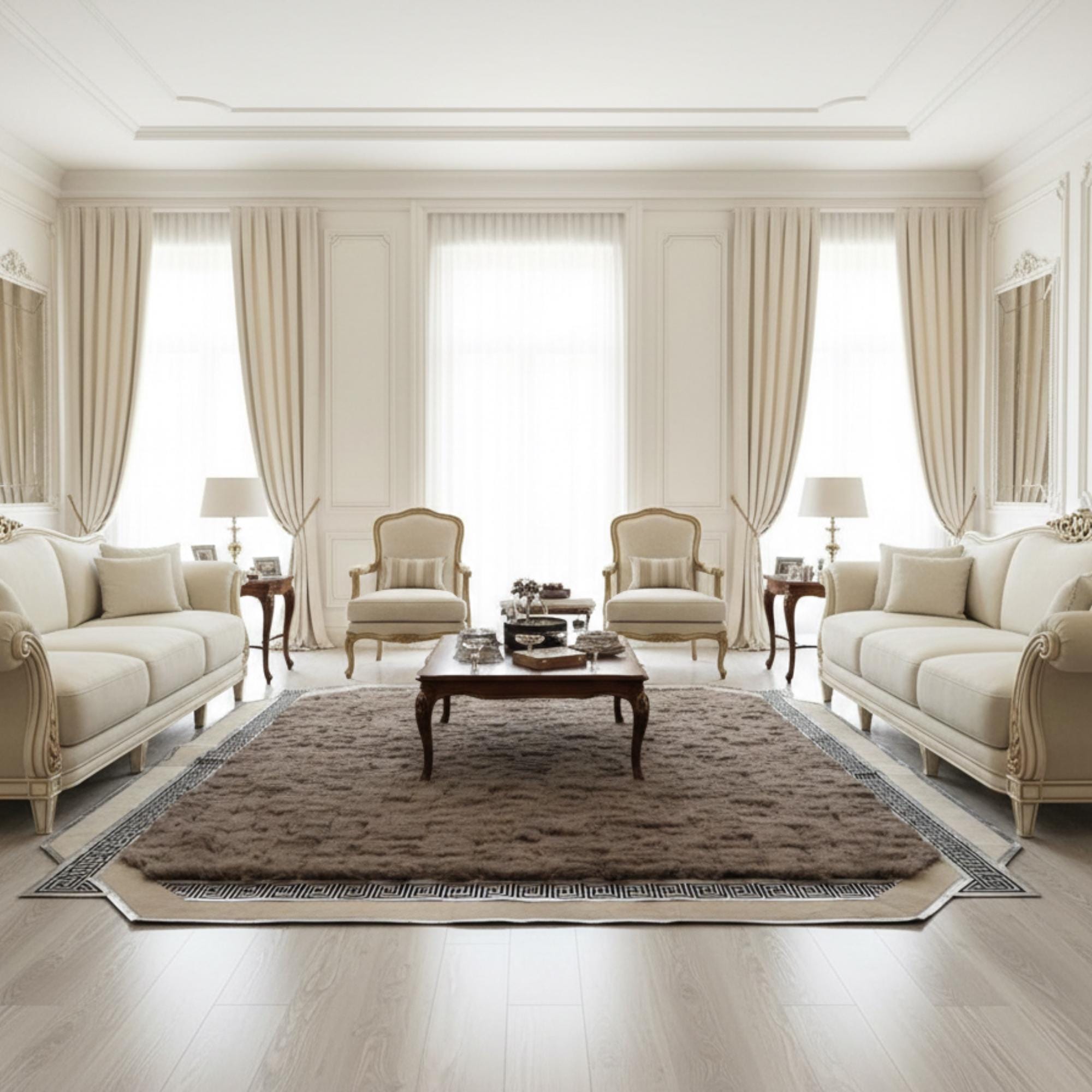 Brown Tuscan Fur Rug, Geometric Border Carpet, Luxury Fluffy Area Rug,