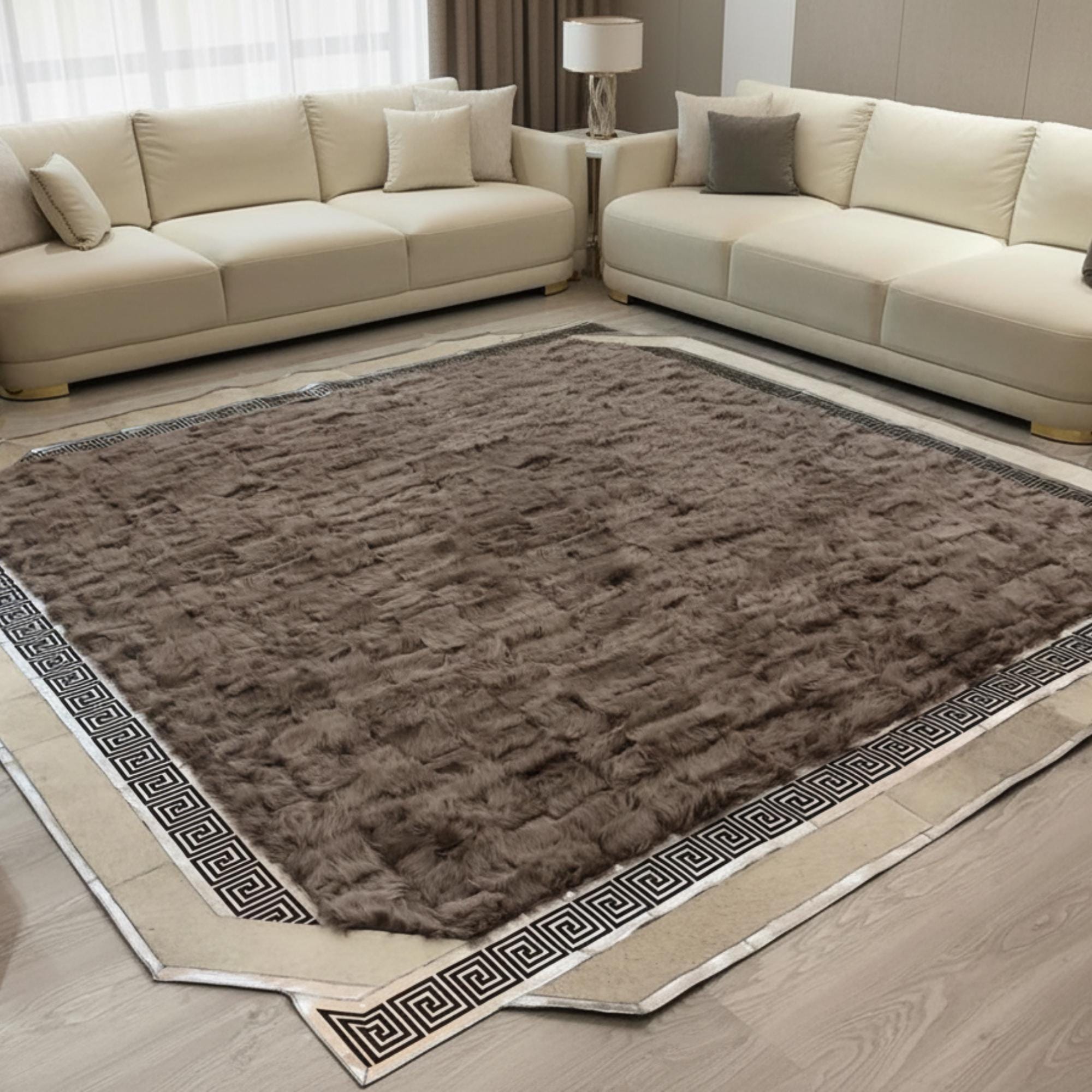 Brown Tuscan Fur Rug, Geometric Border Carpet, Luxury Fluffy Area Rug,