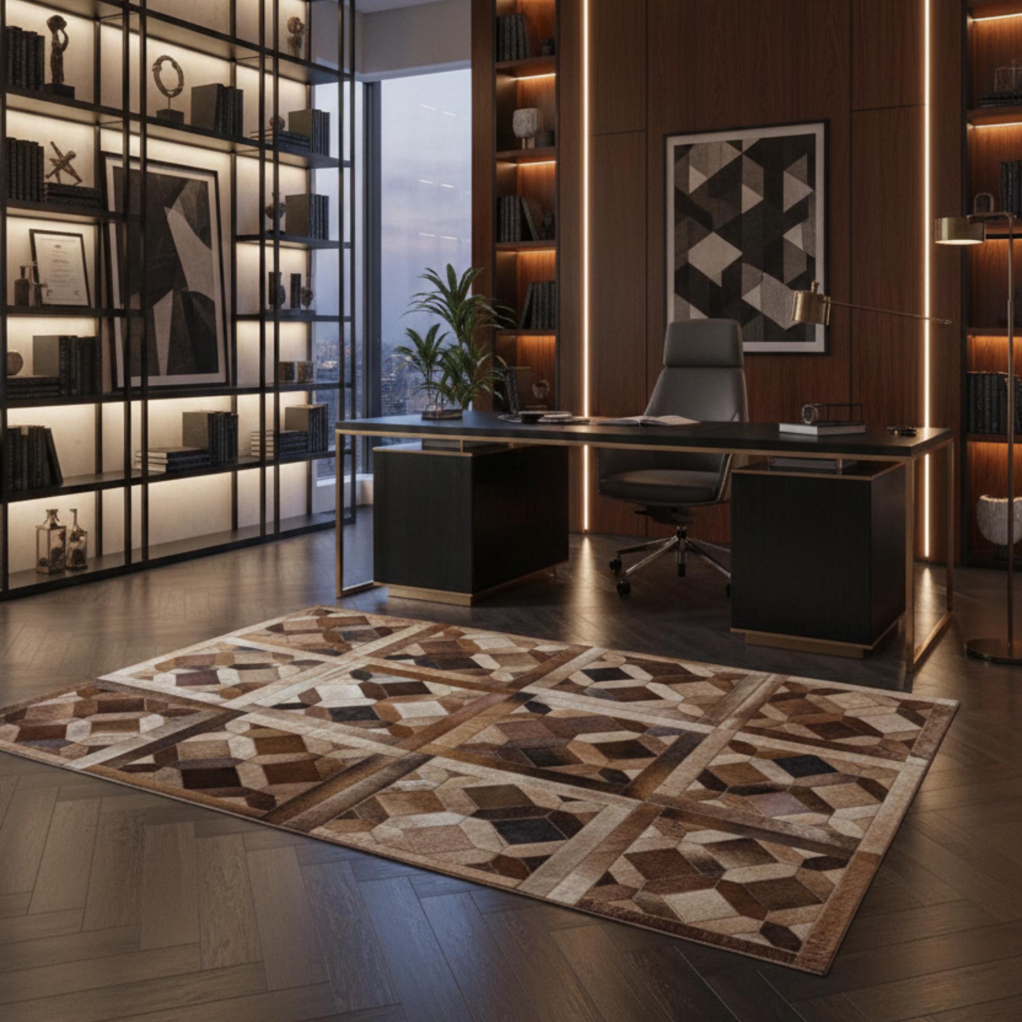 Brown Cowhide Rug, Patchwork Leather Area Rug, Geometric and Multicolor Mat