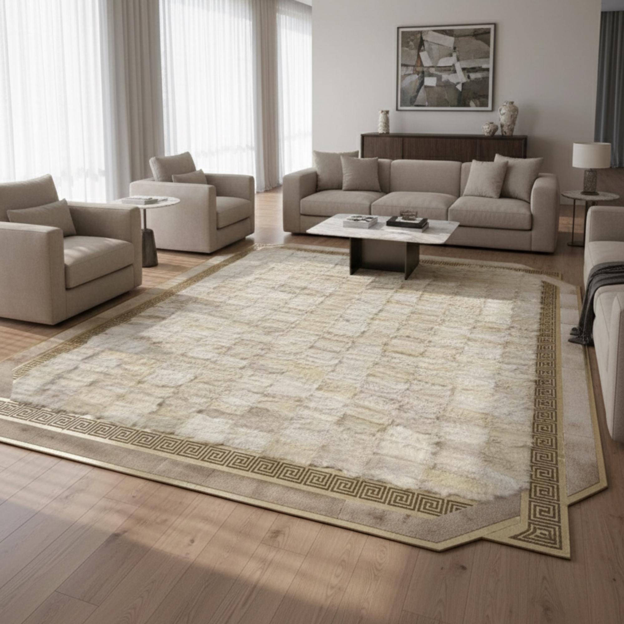 White Tuscan Fur Rug, Gold Geometric Border Carpet, Luxury Fluffy Area Rug