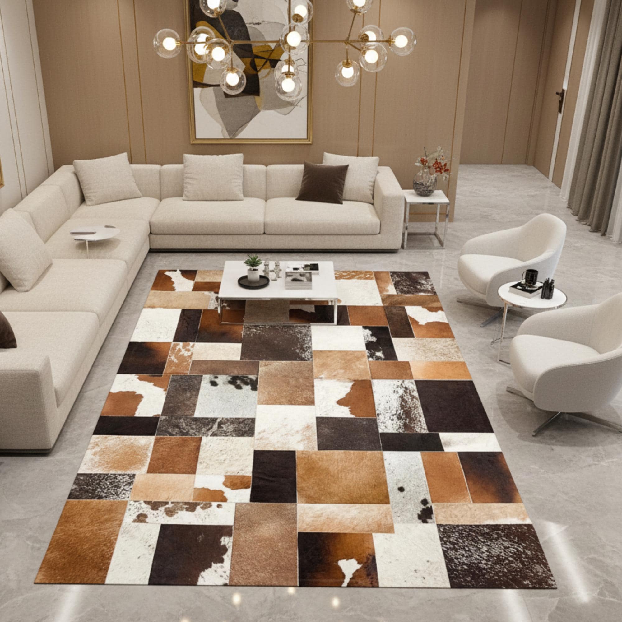 Brown and White Cowhide Rug, Tricolor Patchwork Mat, Real Leather Area Rug,