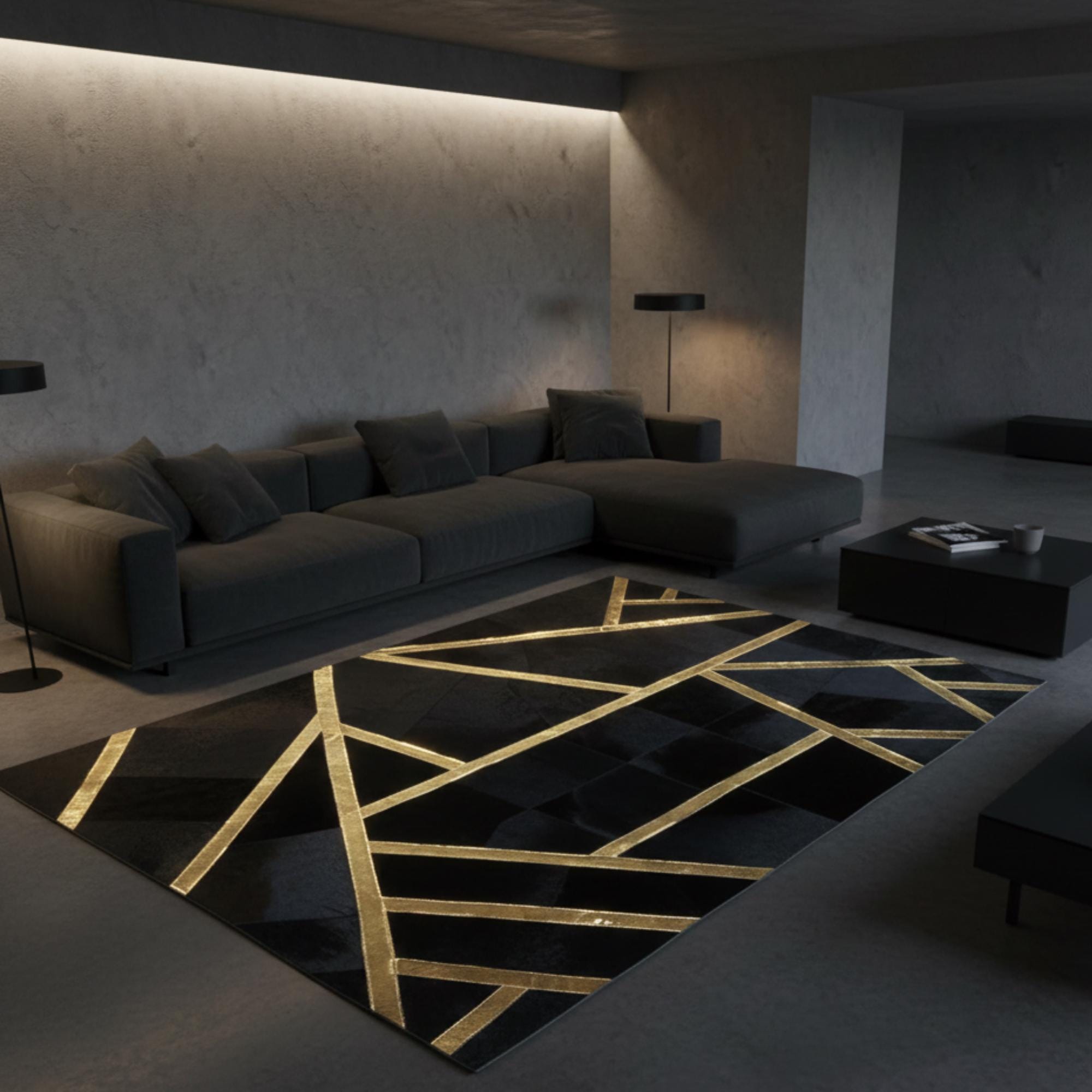Black and Gold Cowhide Rug, Metallic Leather Area Rug, Luxury Geometric Carpet