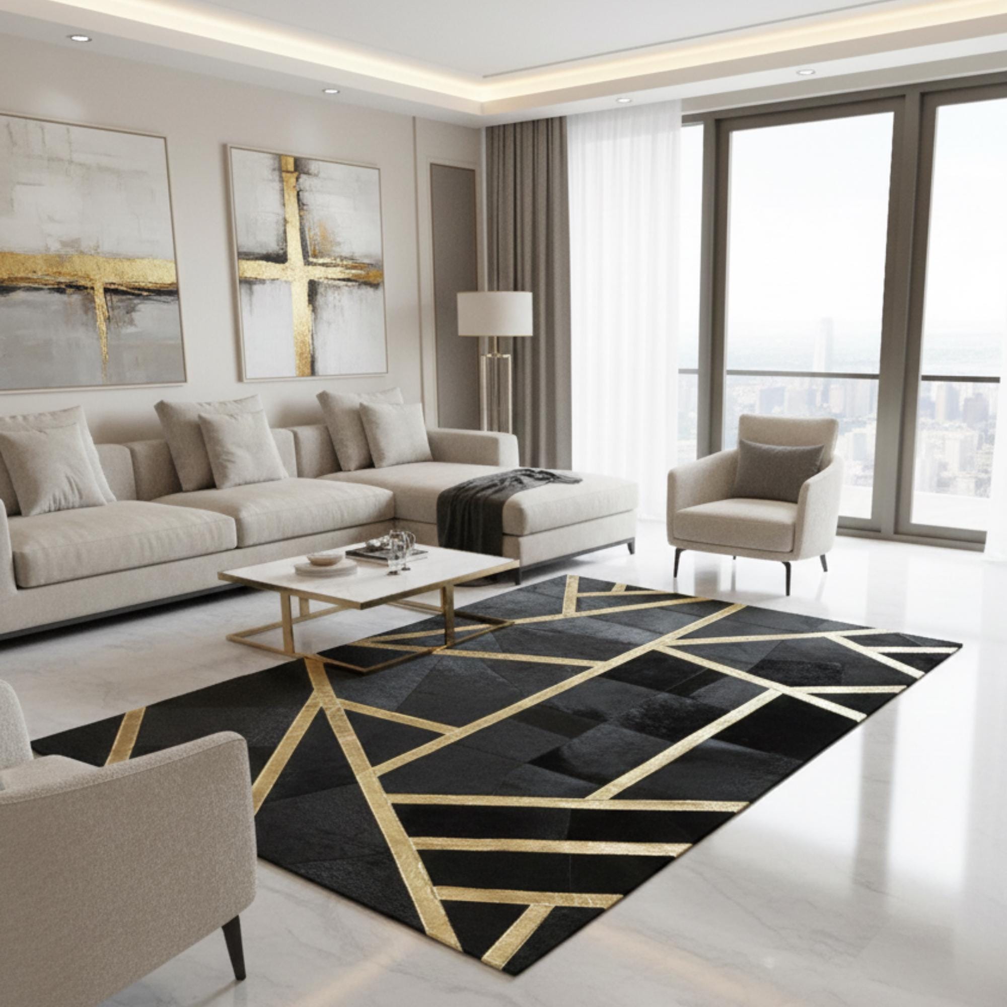 Black and Gold Cowhide Rug, Metallic Leather Area Rug, Luxury Geometric Carpet