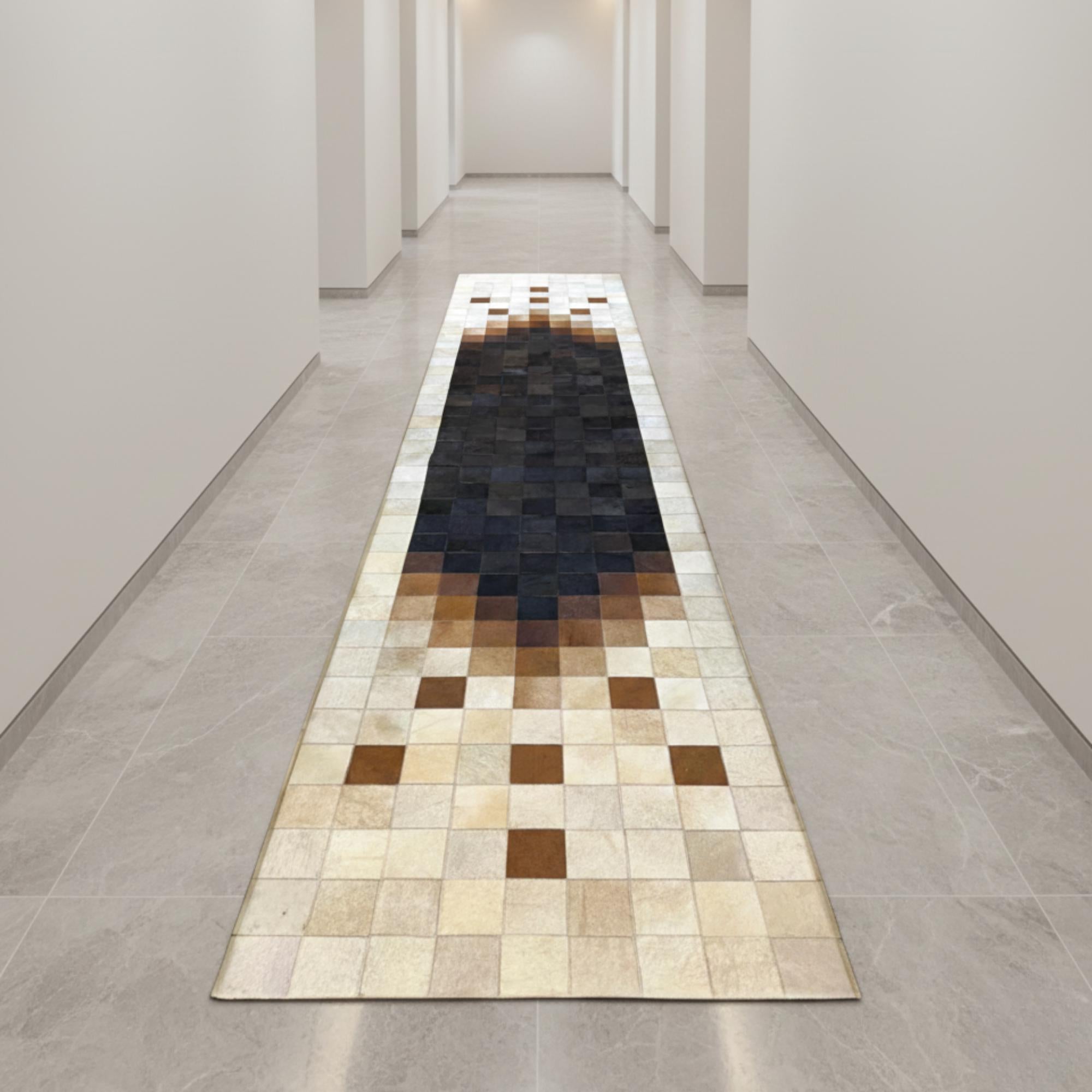 Beige and Brown Cowhide Runner Rug, Hallway Leather