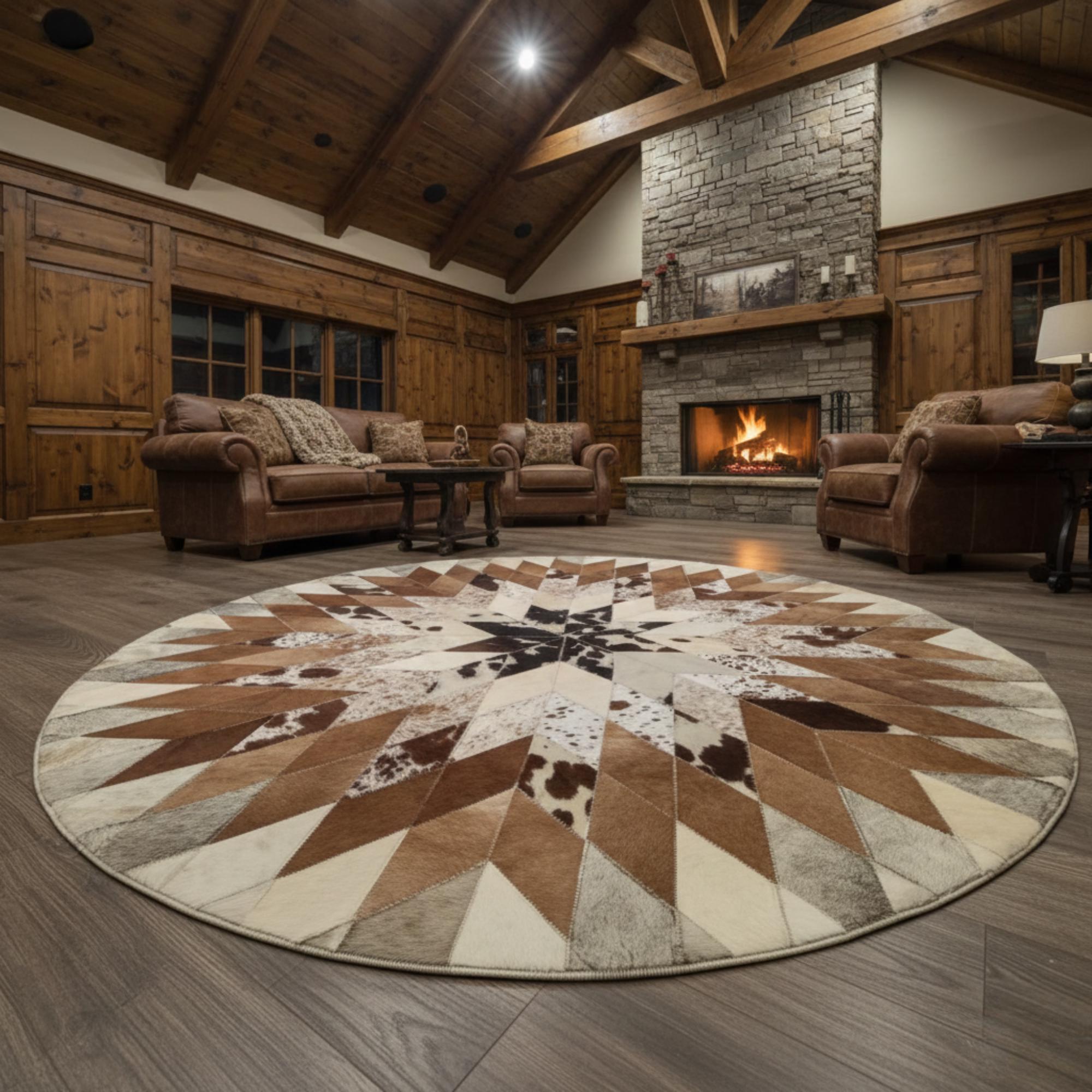 Round Cowhide Rug, Star Pattern Circle Mat, Geometric Patchwork Carpet,