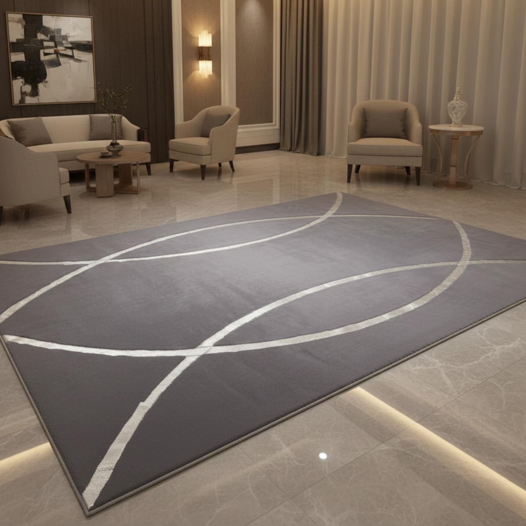 Gray and Silver Plush Rug, Modern Abstract Carpet, Silver Line Pattern Mat,