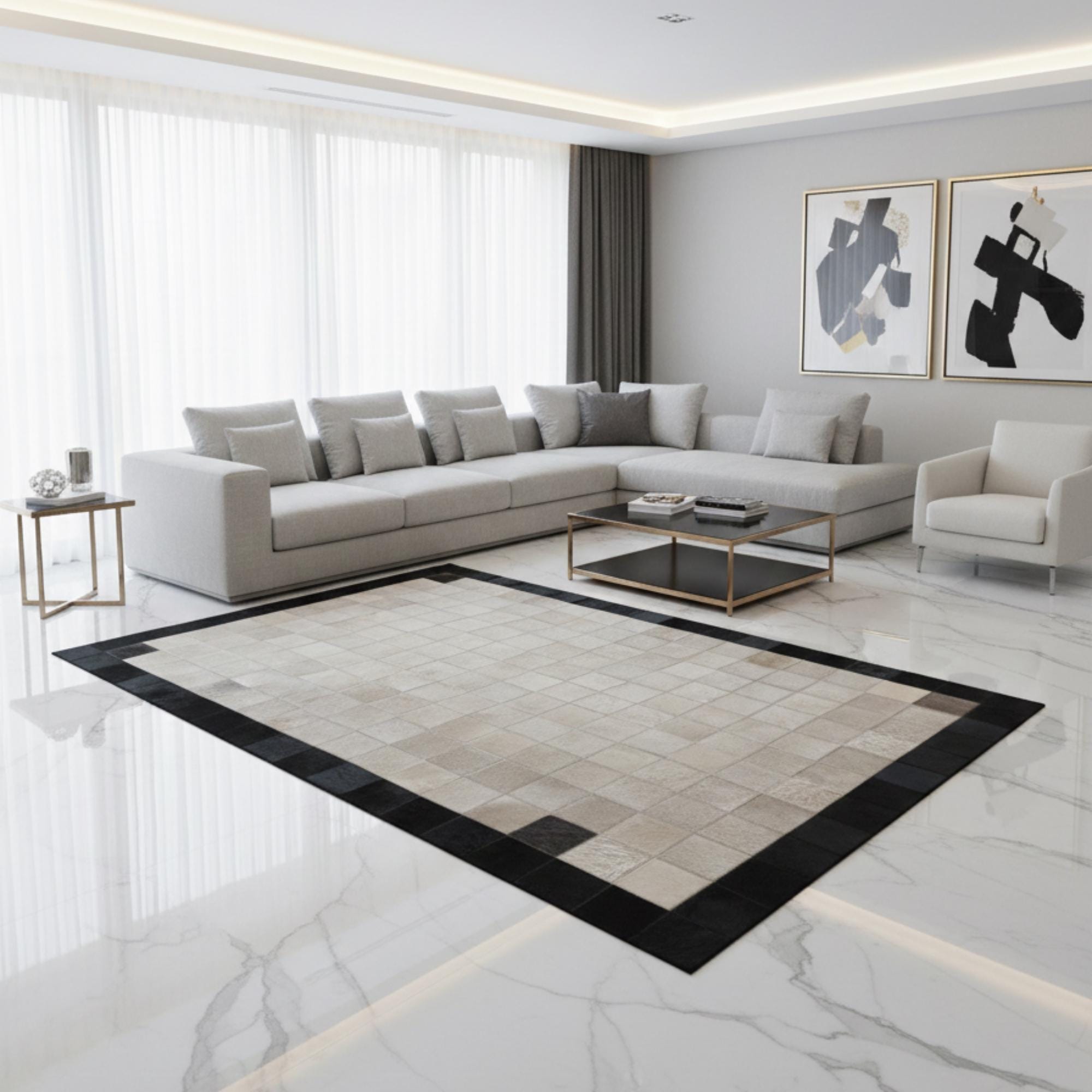 Beige and Black Cowhide Rug, Square Patchwork Area Rug, Modern Border Carpet