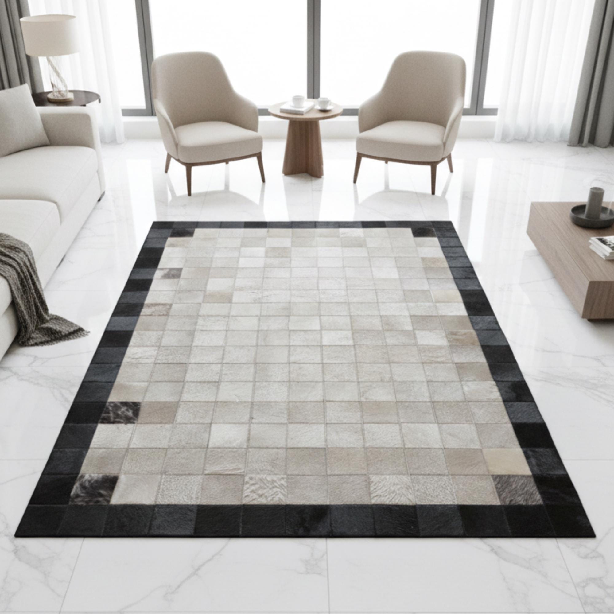 Beige and Black Cowhide Rug, Square Patchwork Area Rug, Modern Border Carpet