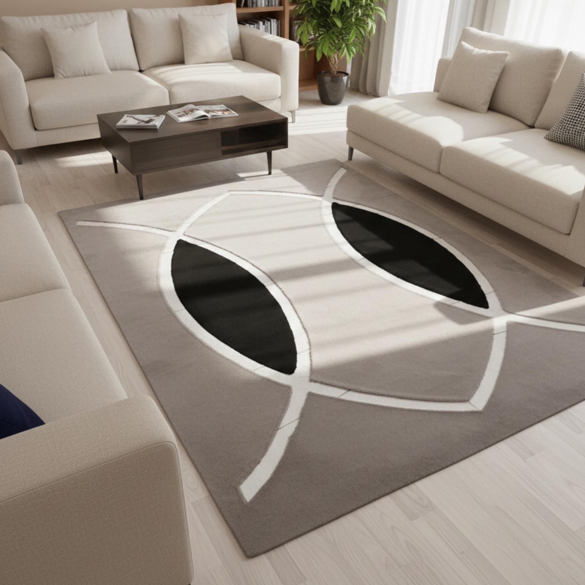Gray and Black Plush Rug, Modern Abstract Carpet, Geometric Art Rug