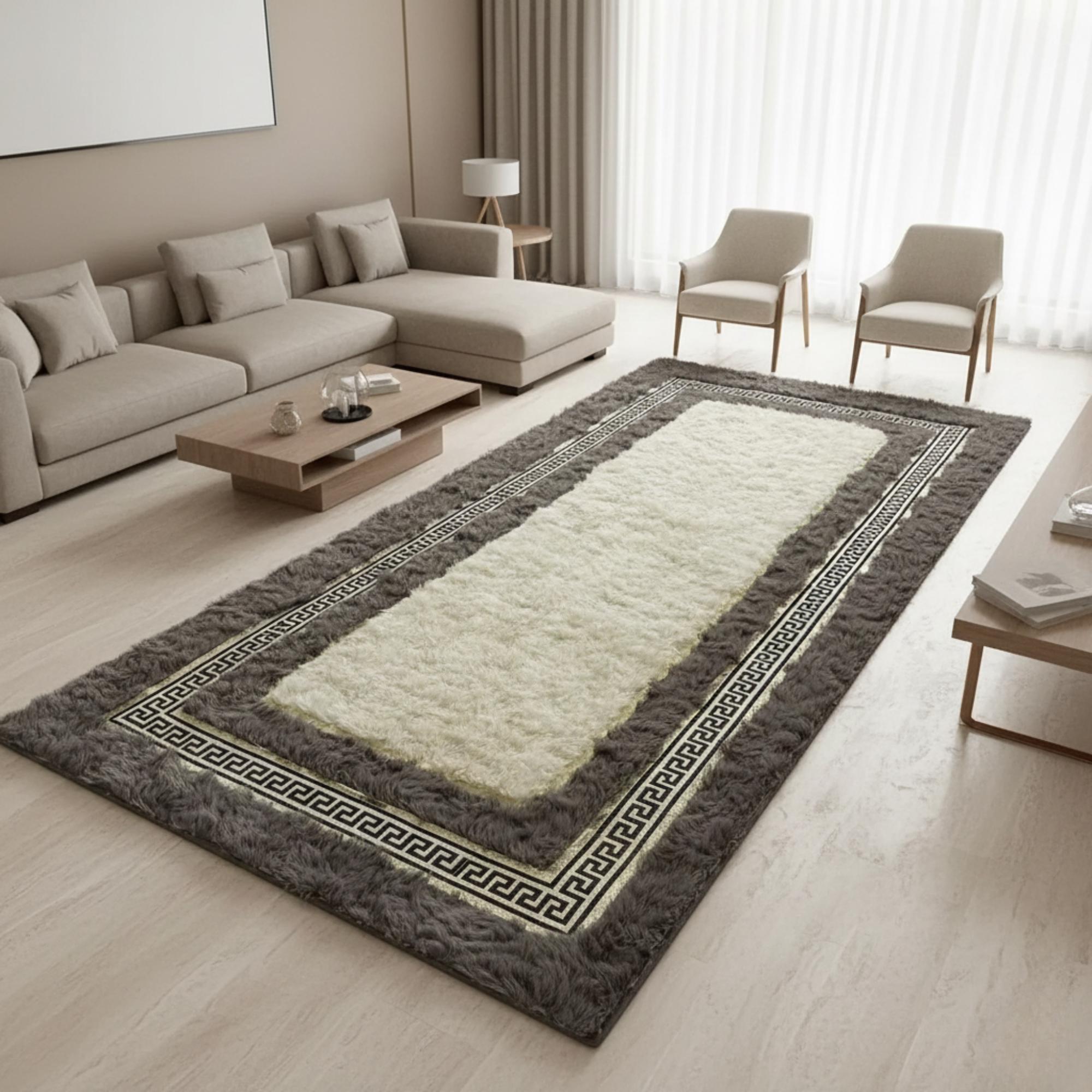 Tuscan Fur Rug, Geometric Border Carpet, Luxury Fluffy Area Rug, White and gray