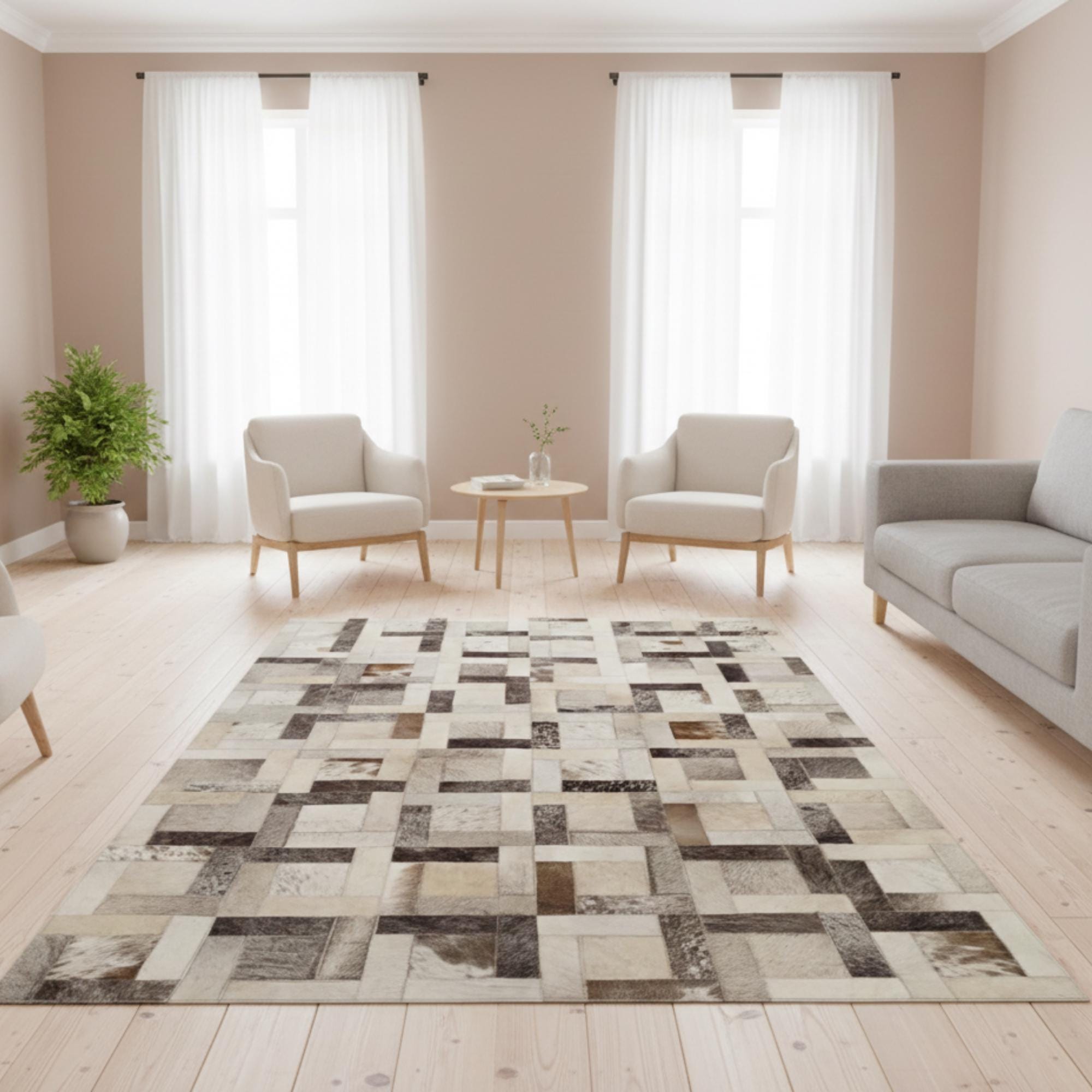 Beige Cowhide Rug, Neutral Patchwork Area Rug, Light Tan Leather Mat,