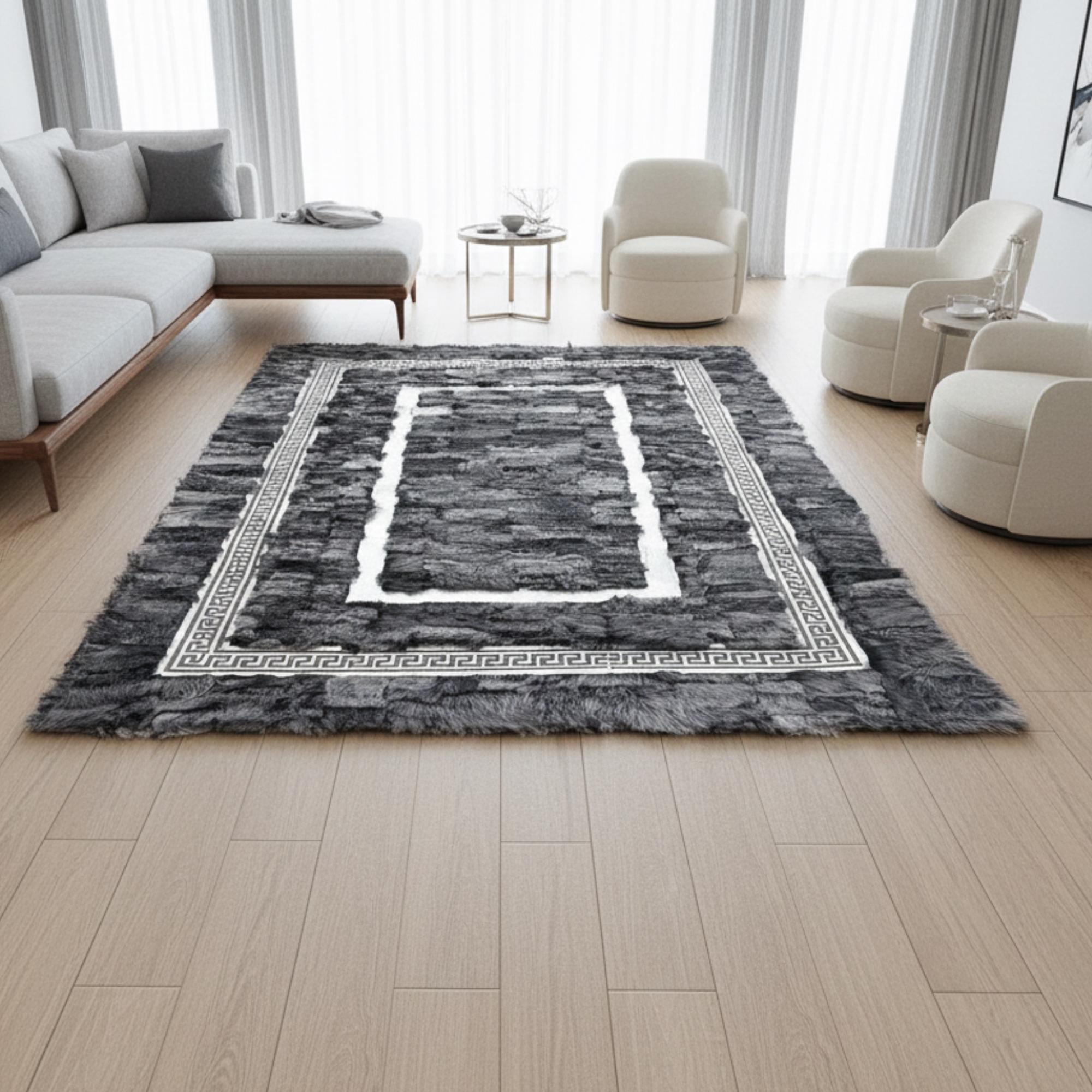 Gray Tuscan Fur Rug, Silver Border Carpet, area rug