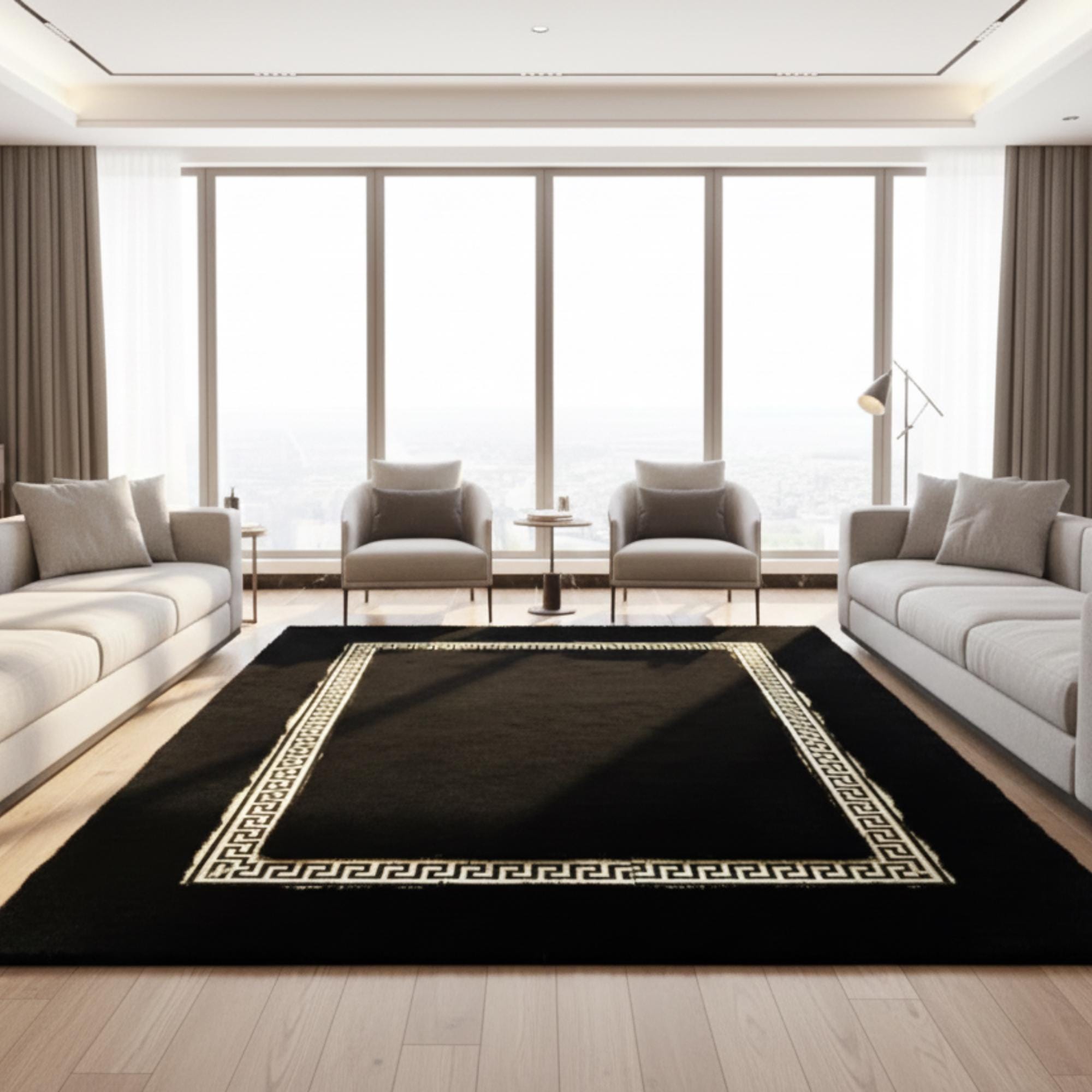 Black and Gold Plush Rug, Geometric Border Area Rug,