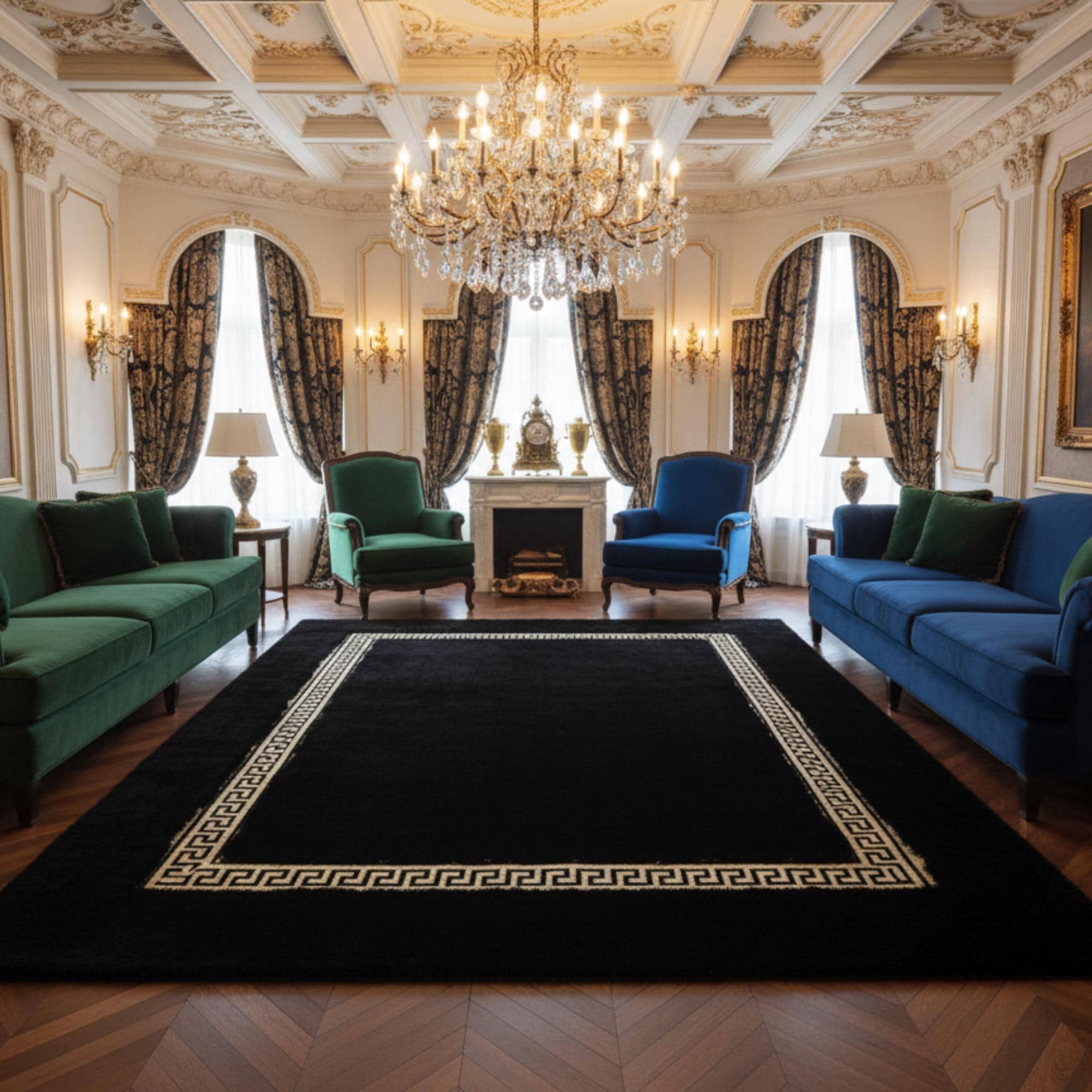 Black and Gold Plush Rug, Geometric Border Area Rug,