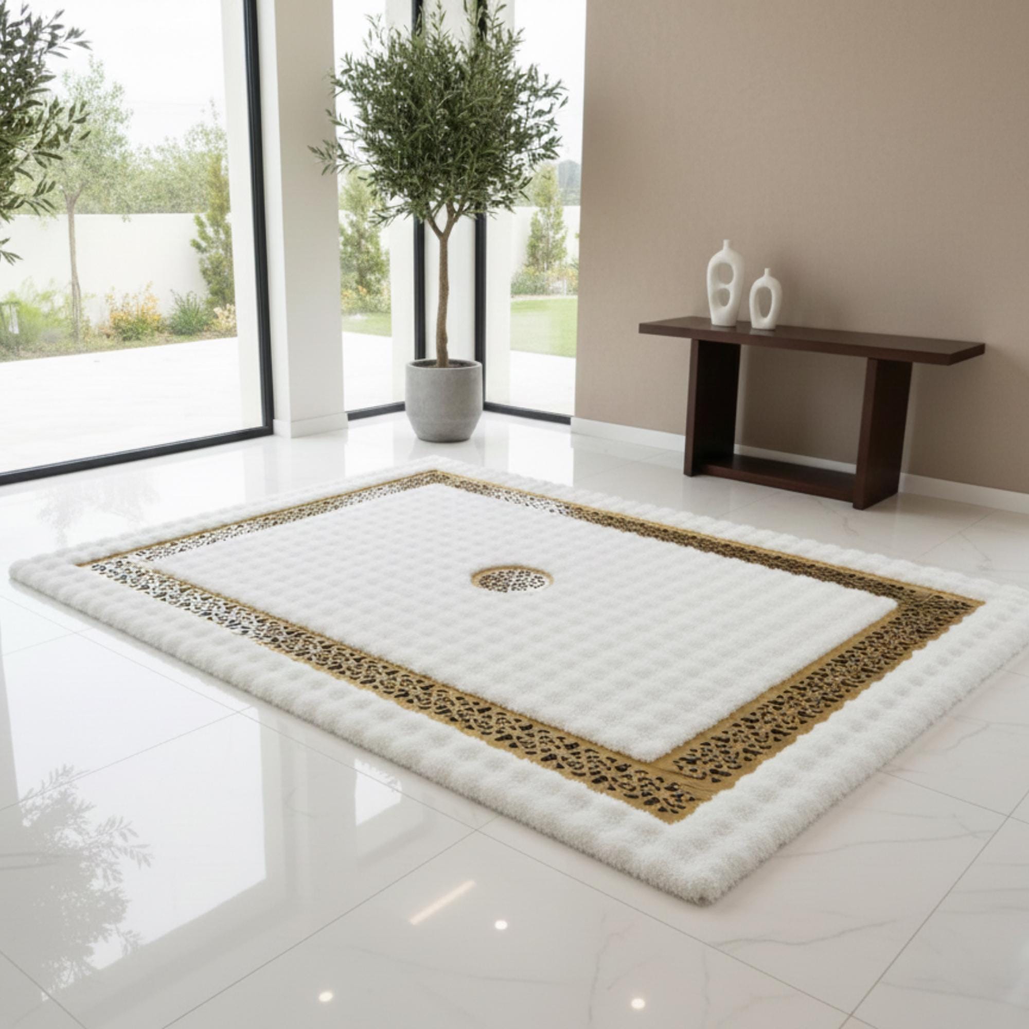 White Plush Rug, Gold Border Area Rug, Luxury Sculpted Fur Carpet,