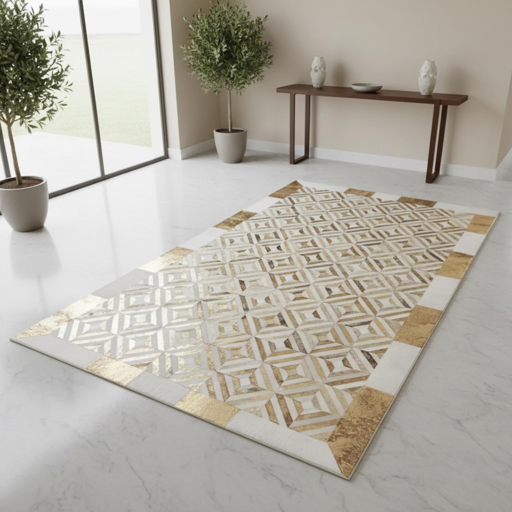 White and Gold Cowhide Rug, Geometric Patchwork Area Rug, Metallic Leather Carpet