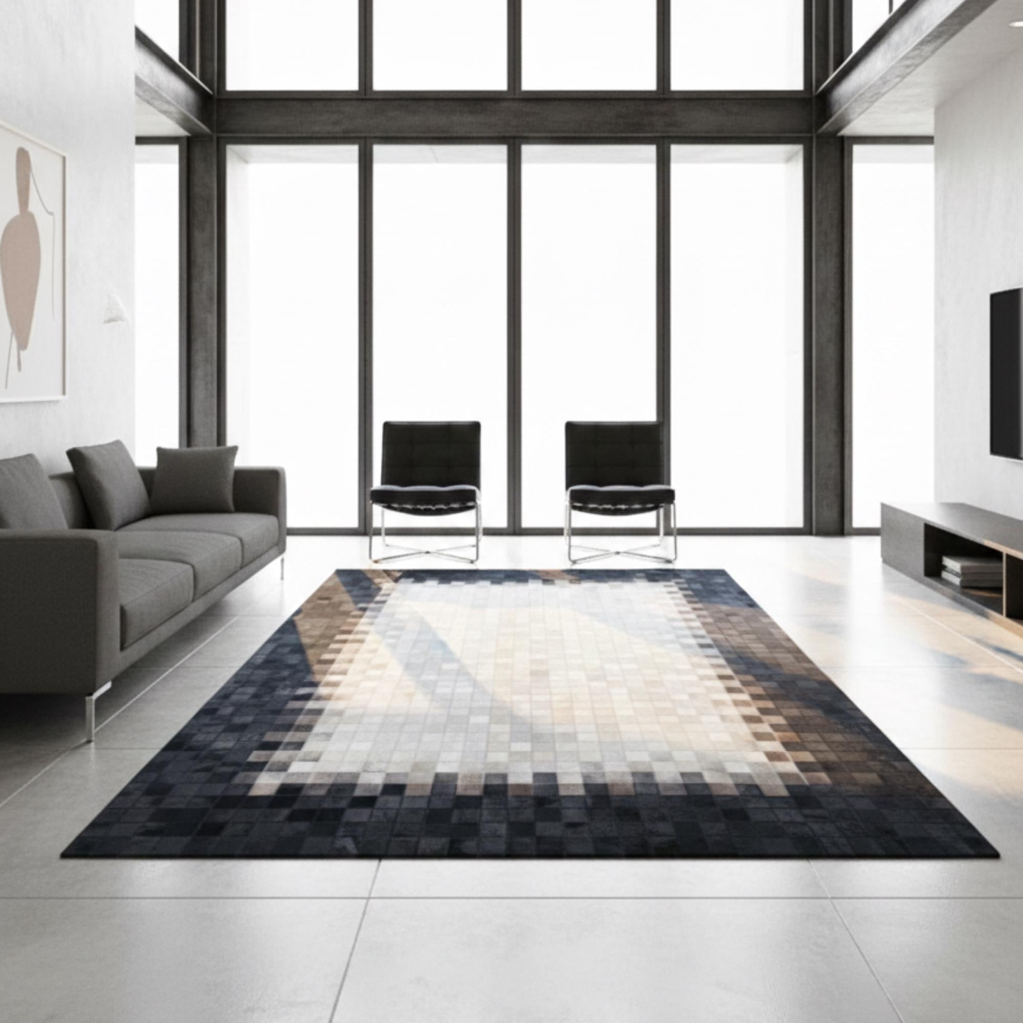 White and Black Cowhide Rug, Mosaic Patchwork Area Rug, Geometric Square Carpet