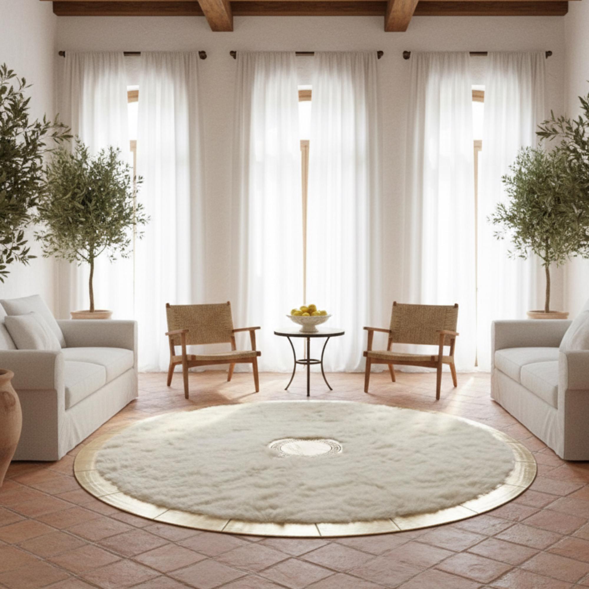 White and Gold Round Tuscan Fur Rug, Circle Carpet, Luxury Area Rug,