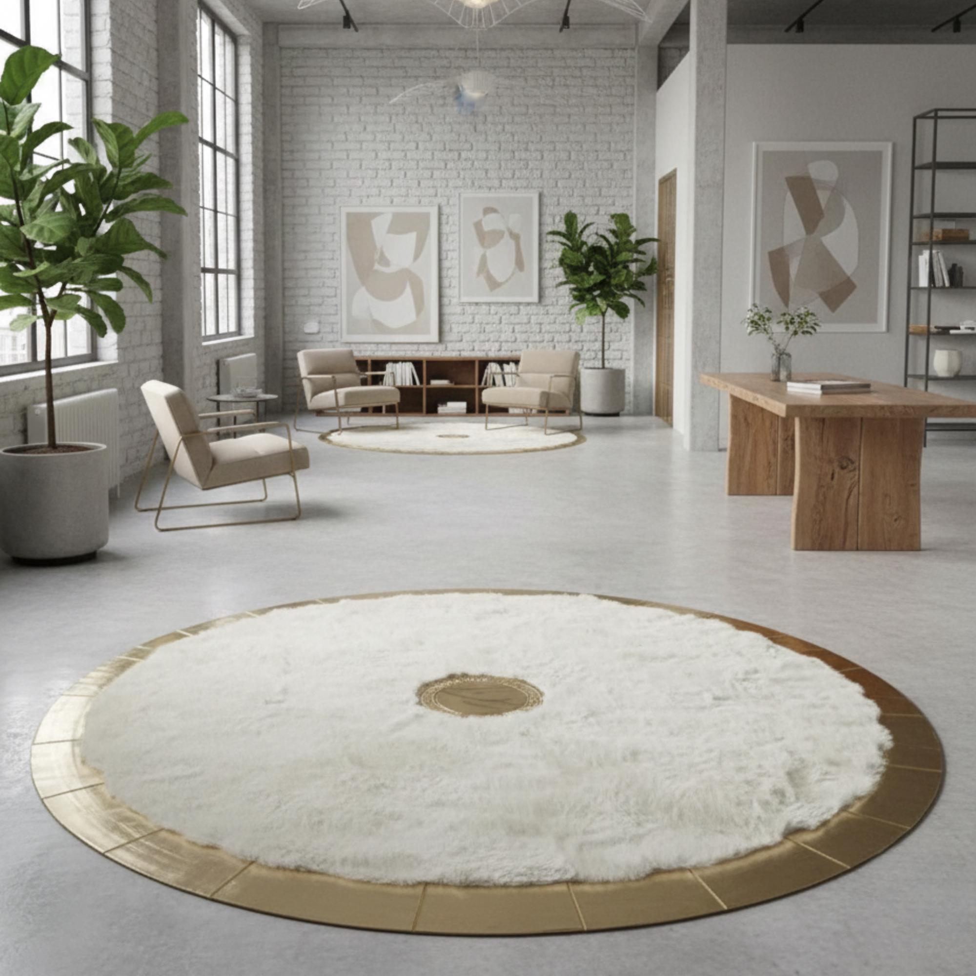 White and Gold Round Tuscan Fur Rug, Circle Carpet, Luxury Area Rug,