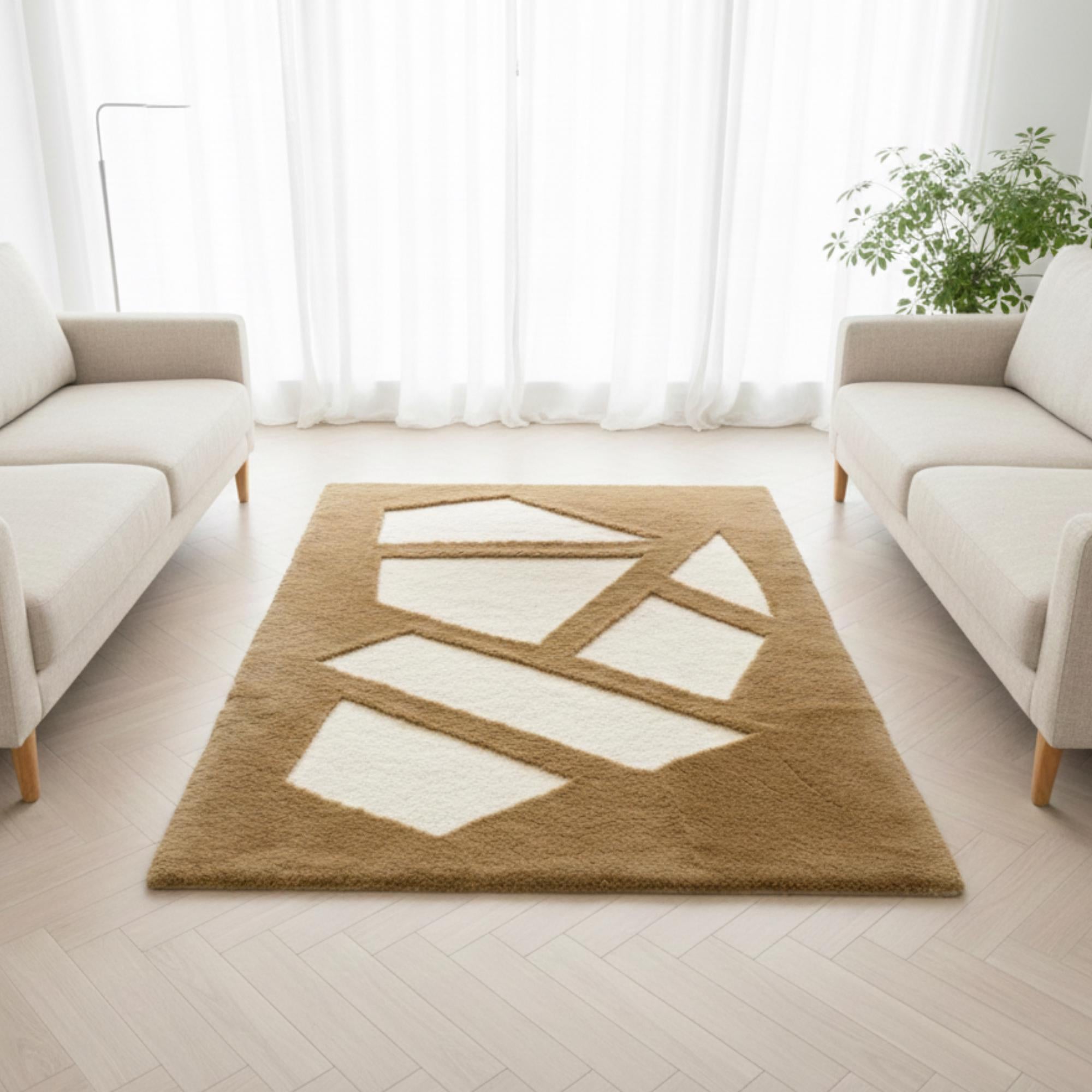 Camel Brown and White Plush Rug, Abstract Geometric Carpet,