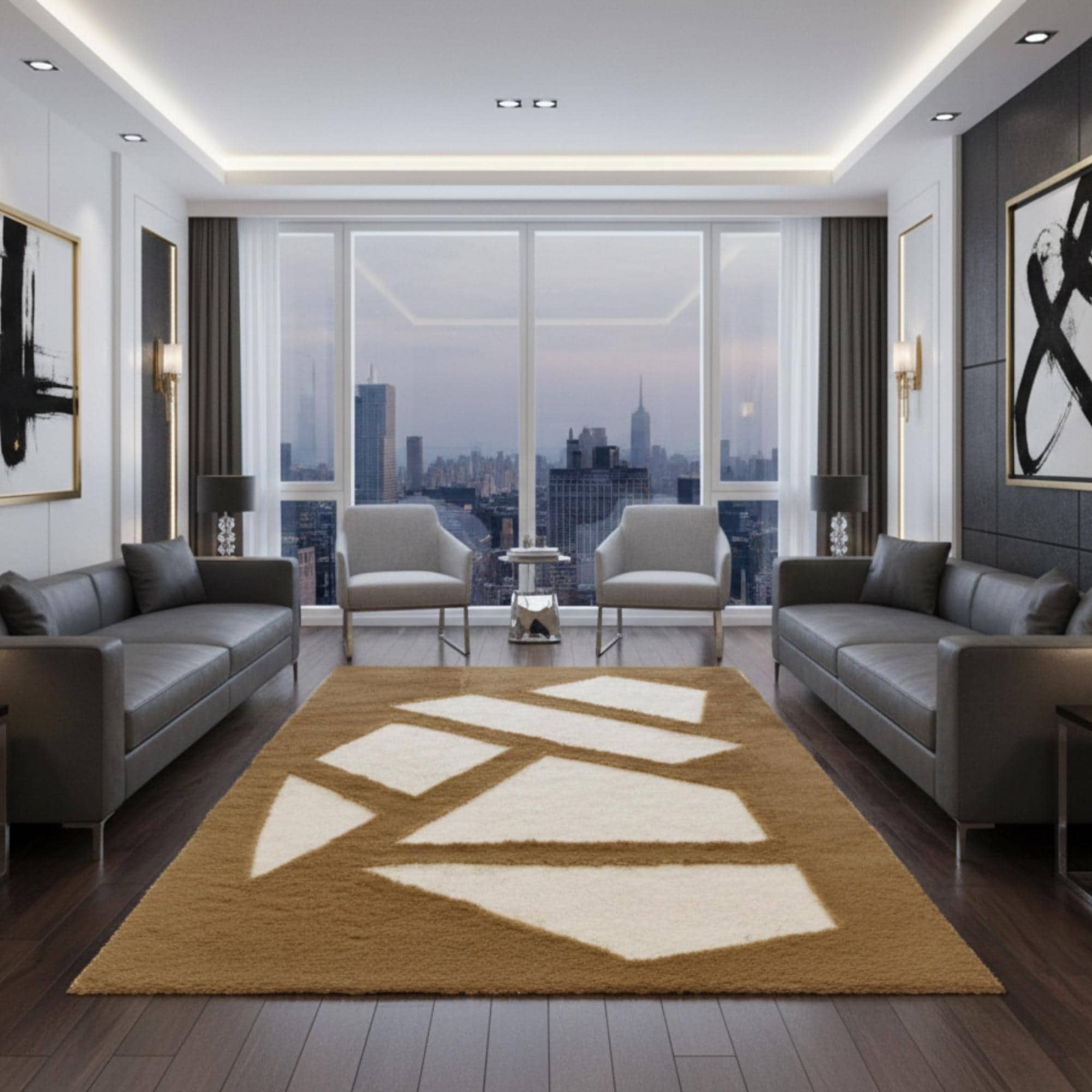 Camel Brown and White Plush Rug, Abstract Geometric Carpet,