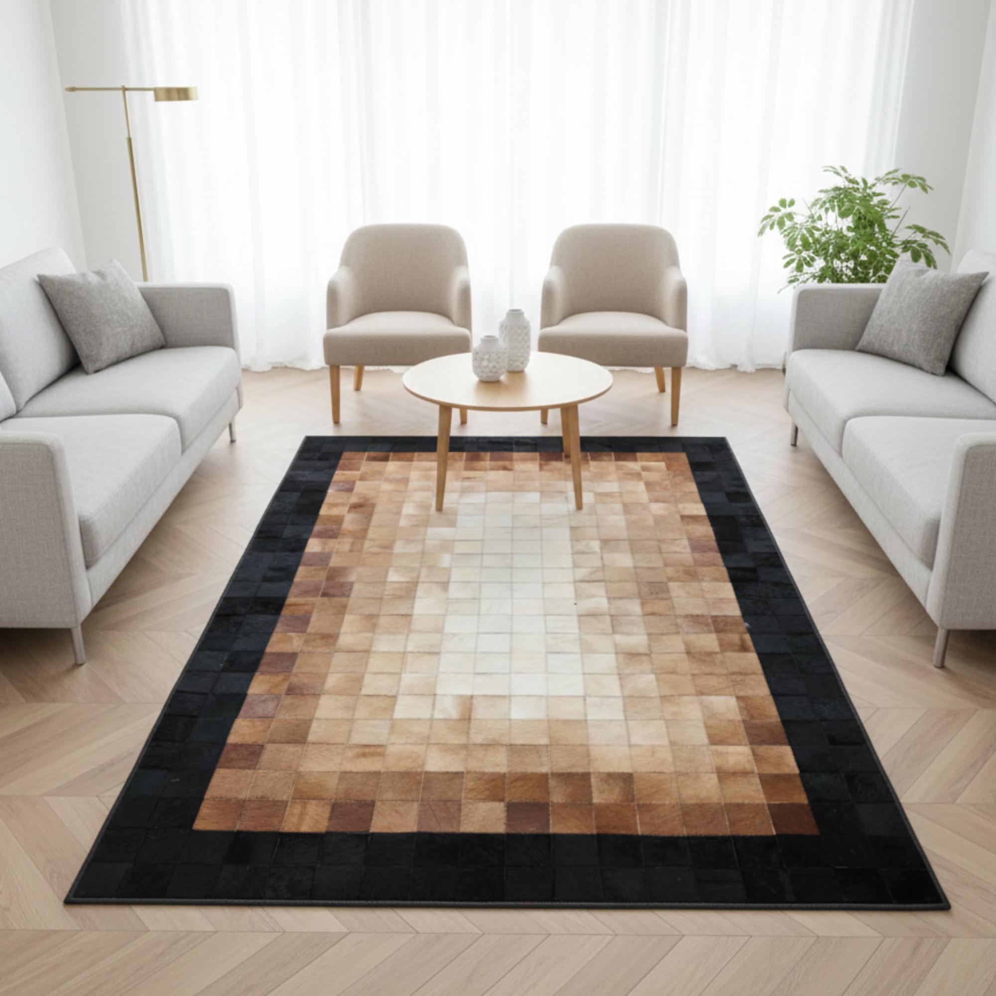 Brown Cowhide Rug, Ombre Patchwork Area Rug, Brown and Black Leather Carpet