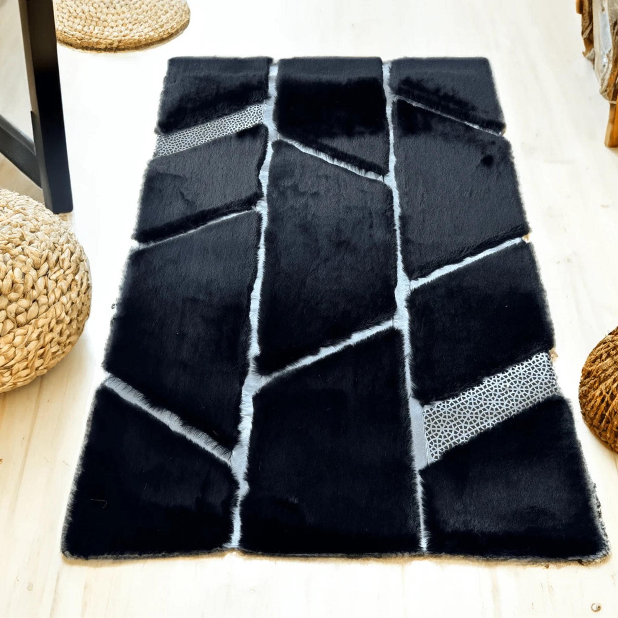 Black and Silver Abstract Plush Rug, Geometric Fur Carpet,