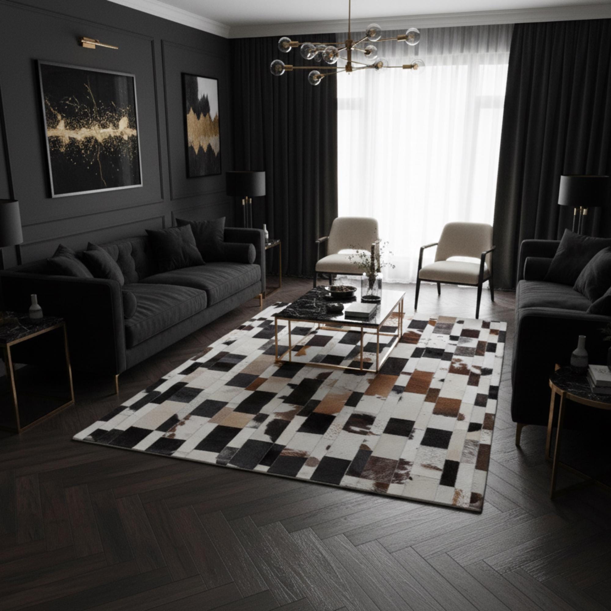 Multi-Tone Cowhide Patchwork Rug, Brown Black and White Area Rug,