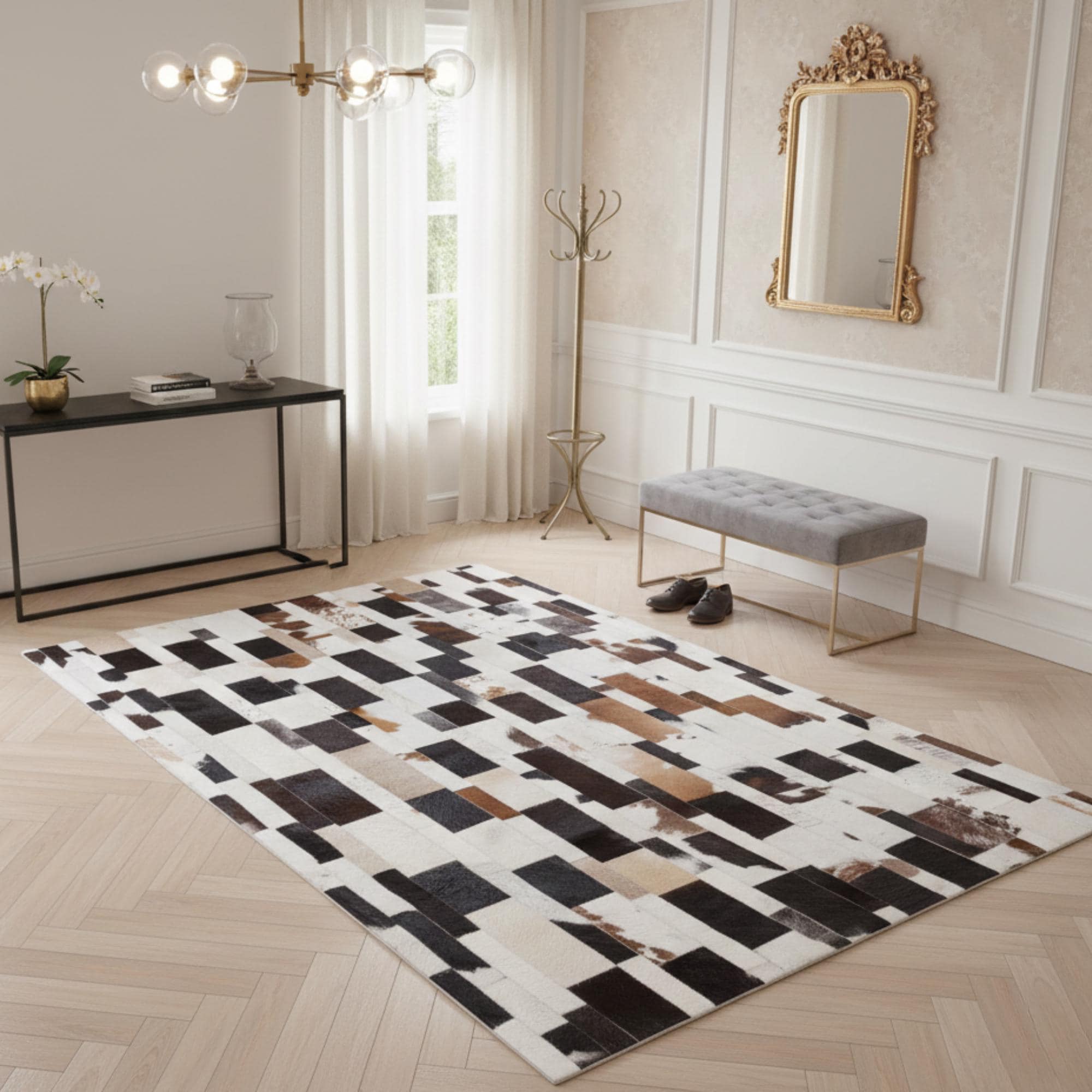 Multi-Tone Cowhide Patchwork Rug, Brown Black and White Area Rug,