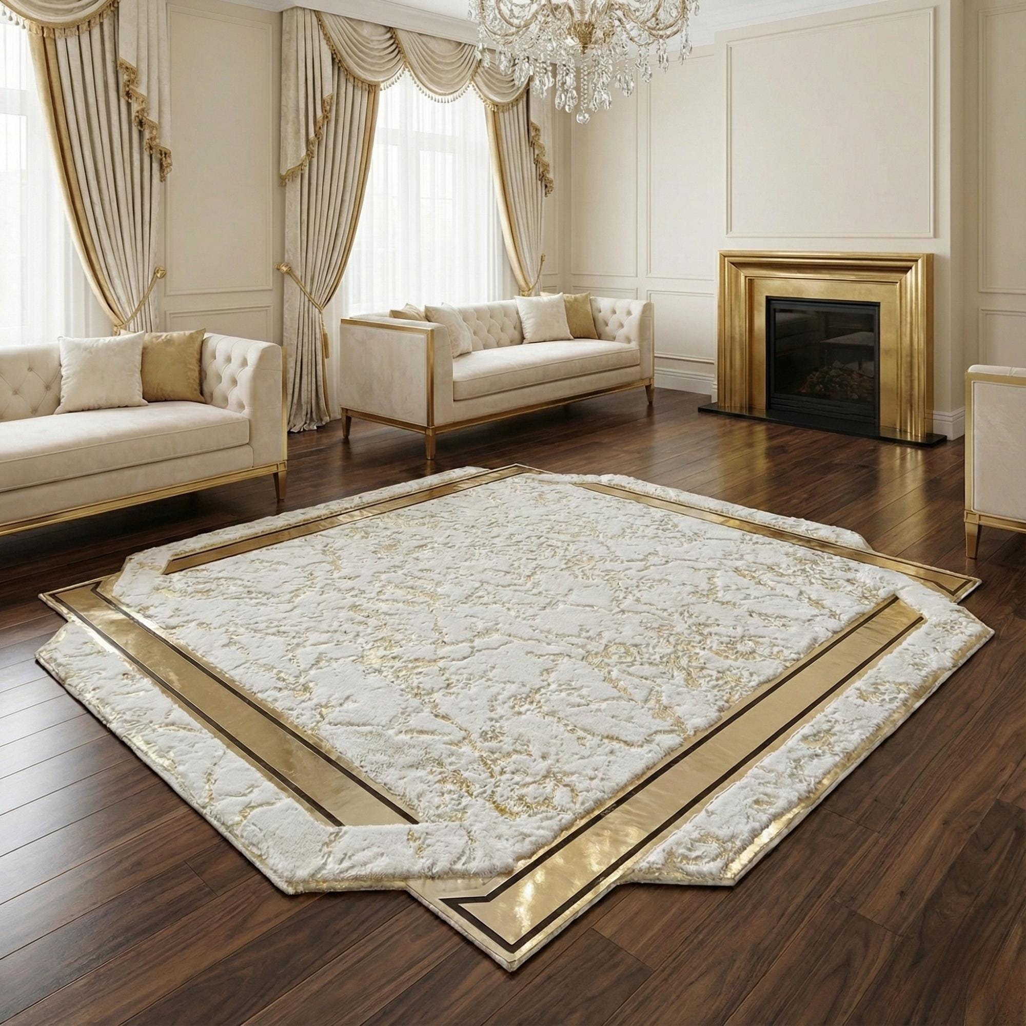 White and Gold Plush Rug, Luxury Gold Border Area Rug,