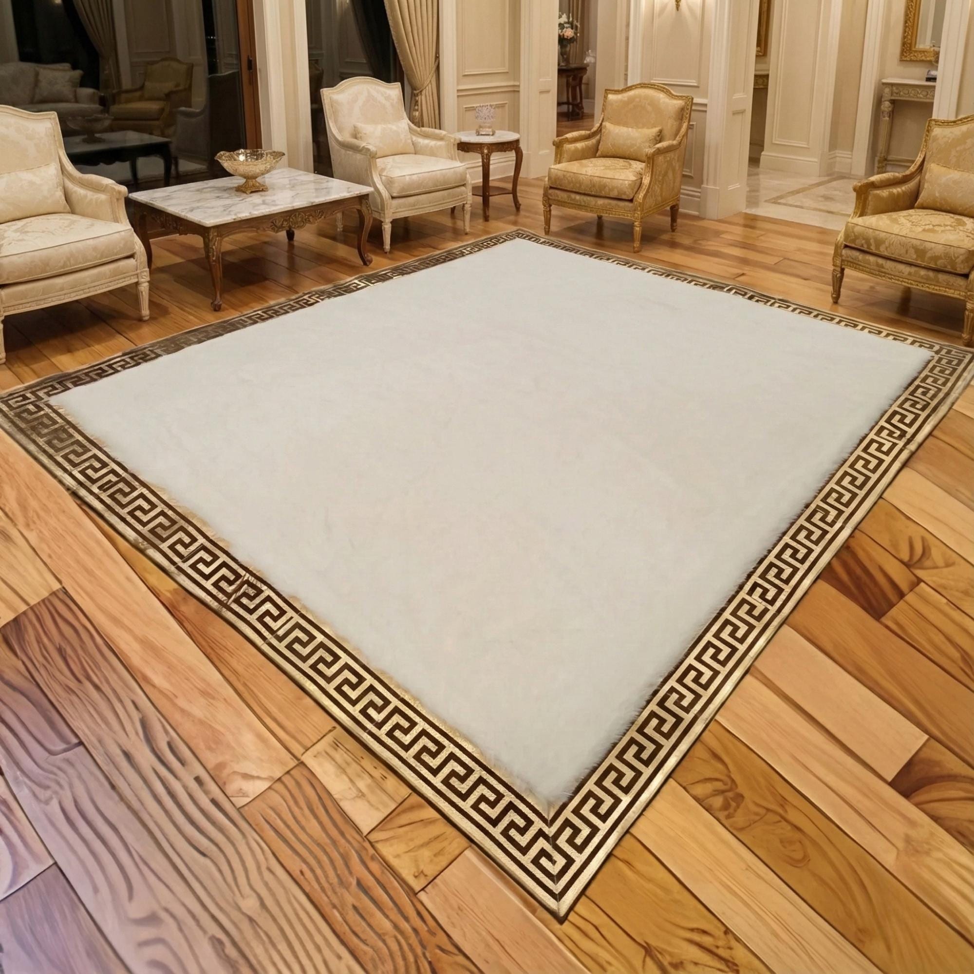White and Gold Plush Rug, Geometric Border Area Rug,