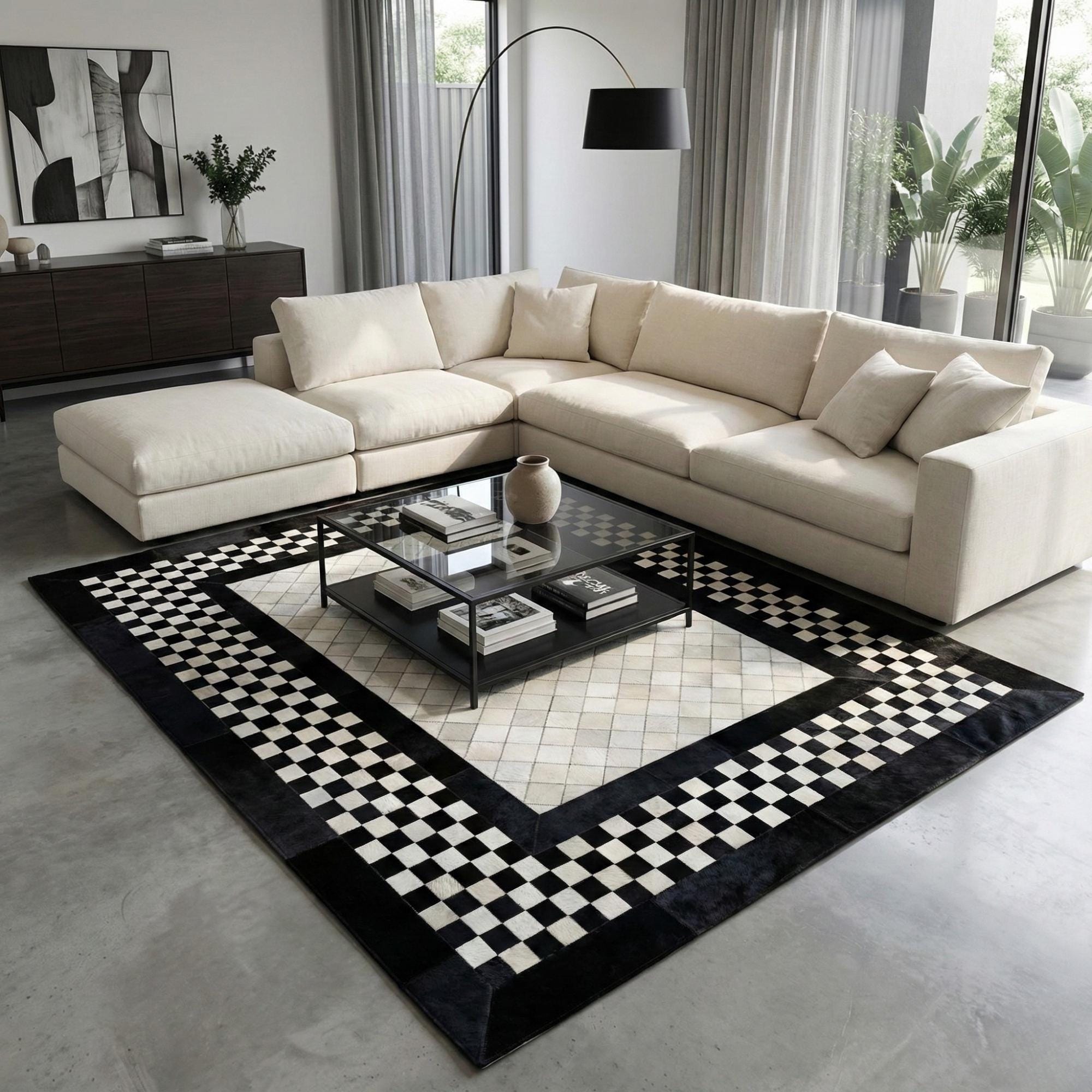 Black and White Cowhide Rug, Checkerboard Border Area Rug,