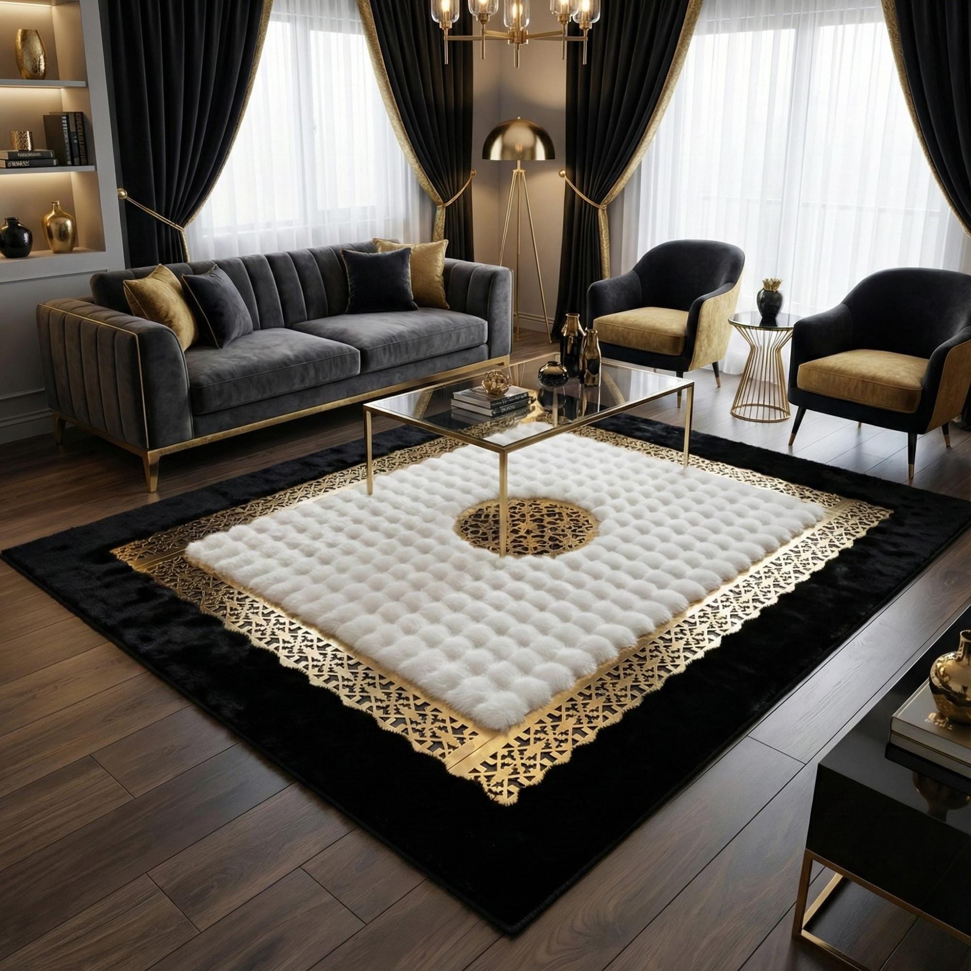 Black and White Plush Rug, Gold Border Area Rug,