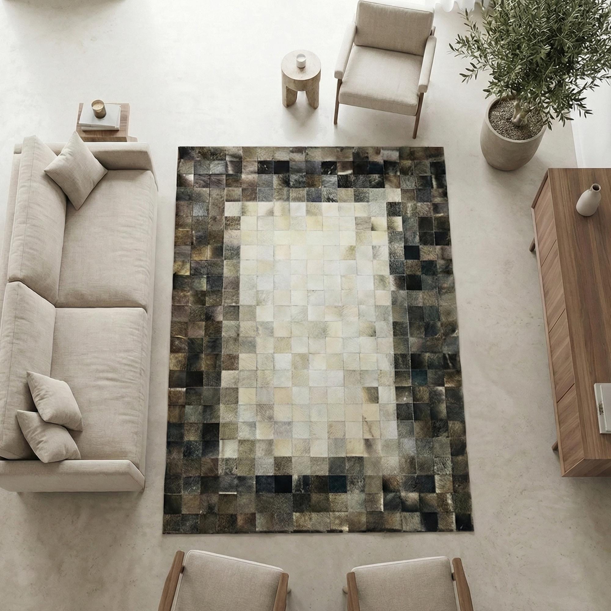Brown Gradient Cowhide Rug, Ombre Patchwork Area Rug, Beige and Tan Mosaic Carpet