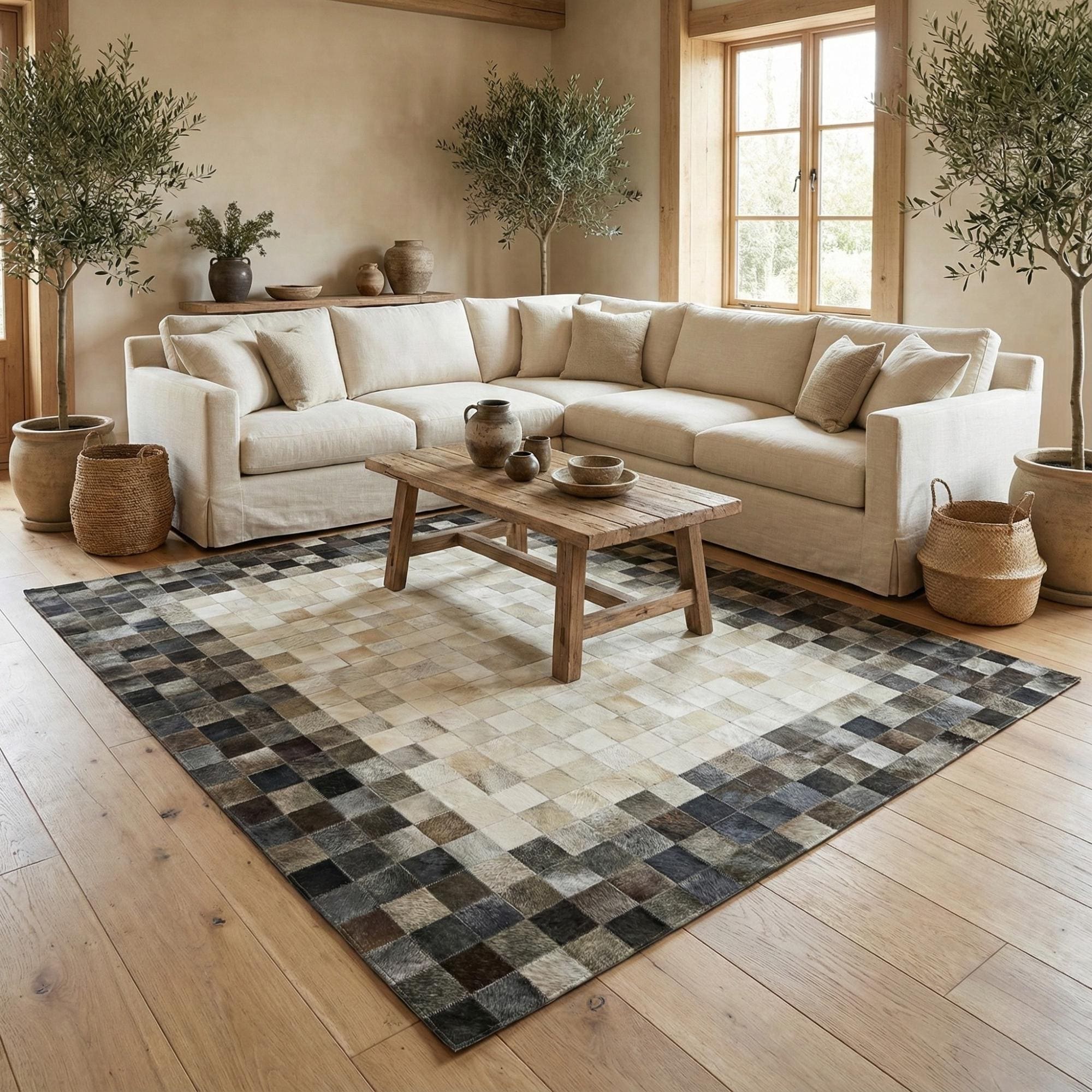 Brown Gradient Cowhide Rug, Ombre Patchwork Area Rug, Beige and Tan Mosaic Carpet