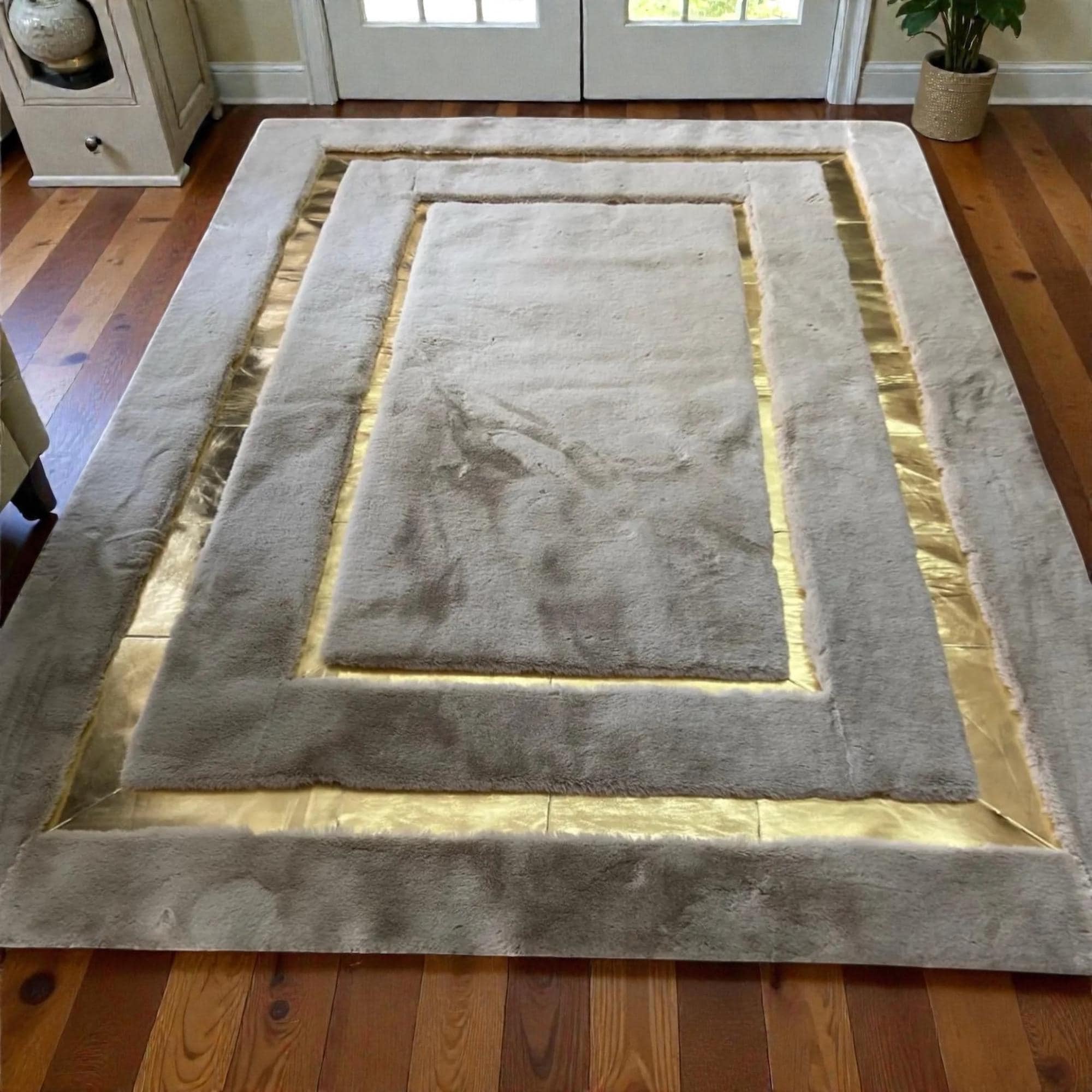 Gray and Gold Plush Rug, Luxury Gold Border Area Rug,