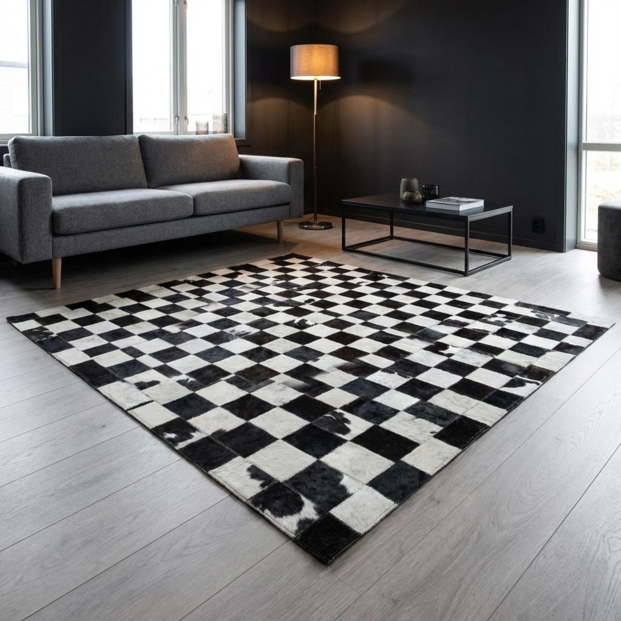 Black and White Cowhide Rug, Geometric Patchwork Area Rug,