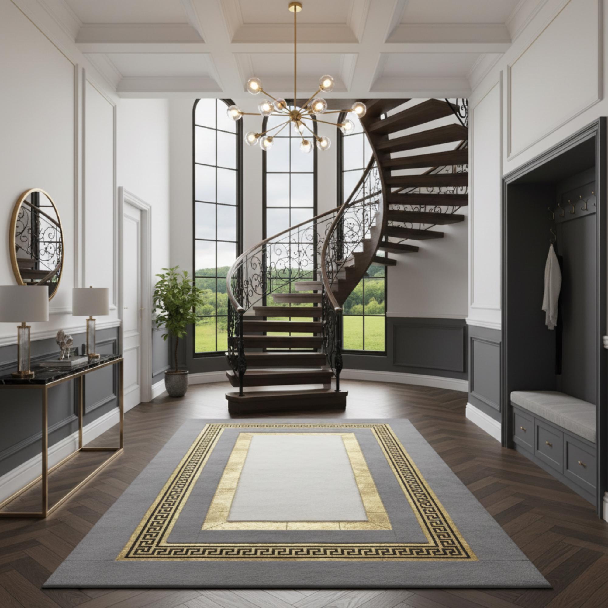 Grey and Gold Geometric Border Plush Rug, Area Rug, Luxury Fur Carpet