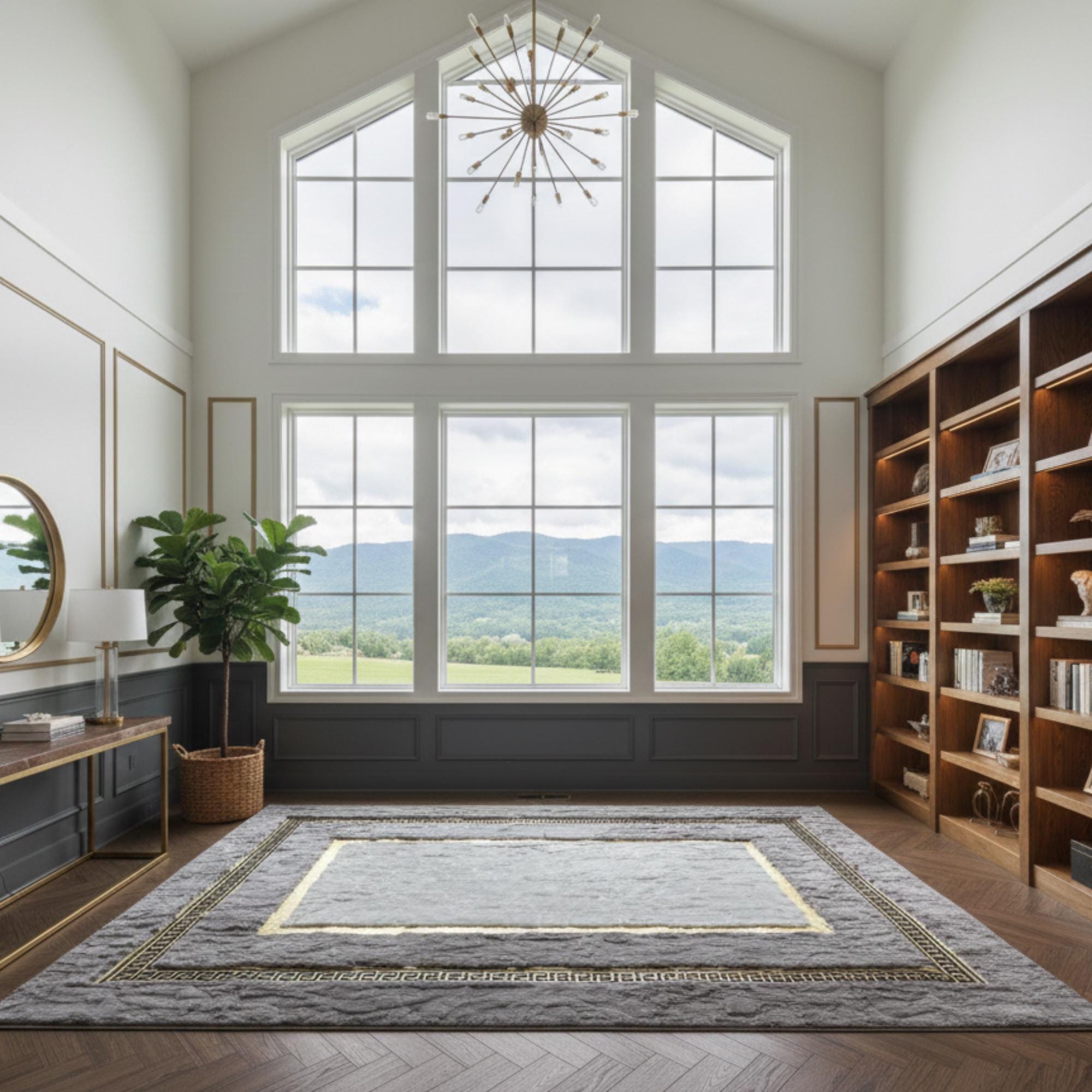 Gray Rex Rabbit Fur Rug, Luxury Geometric Border Area Rug,