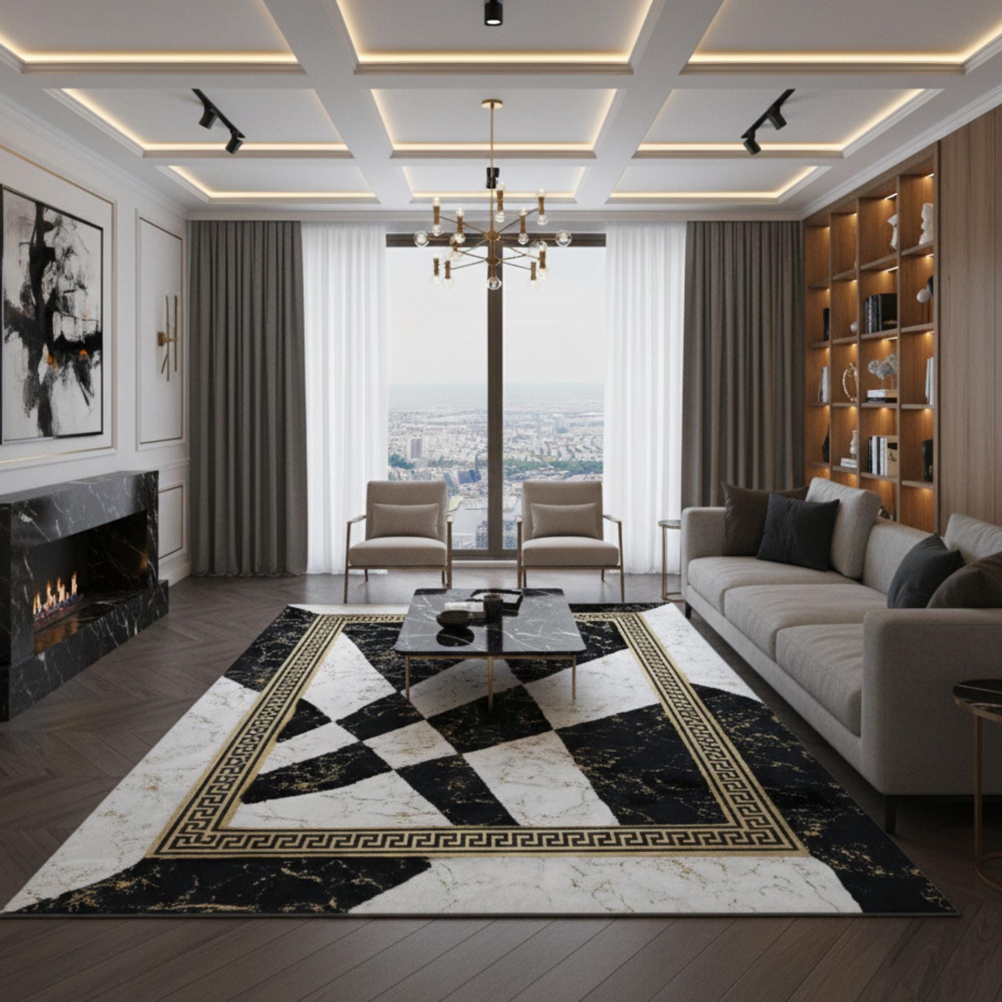 Black and White Cowhide Rug, Gold Detail Area Rug, Abstract Geometric Carpet